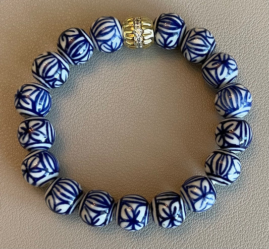 Bluesy Jane Bracelet: Chinoiserie Style Porcelain Beads w Gold/CZ Accent Bead