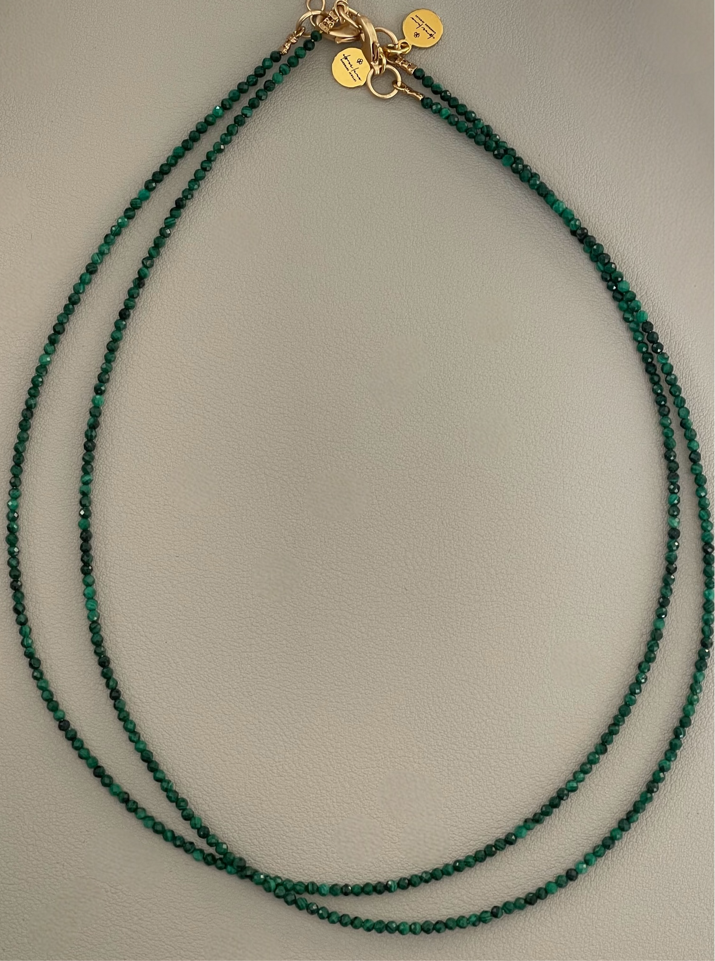Malachite Skinnie Necklace: Genuine faceted Malachite 2mm beads Brushed gold clasp