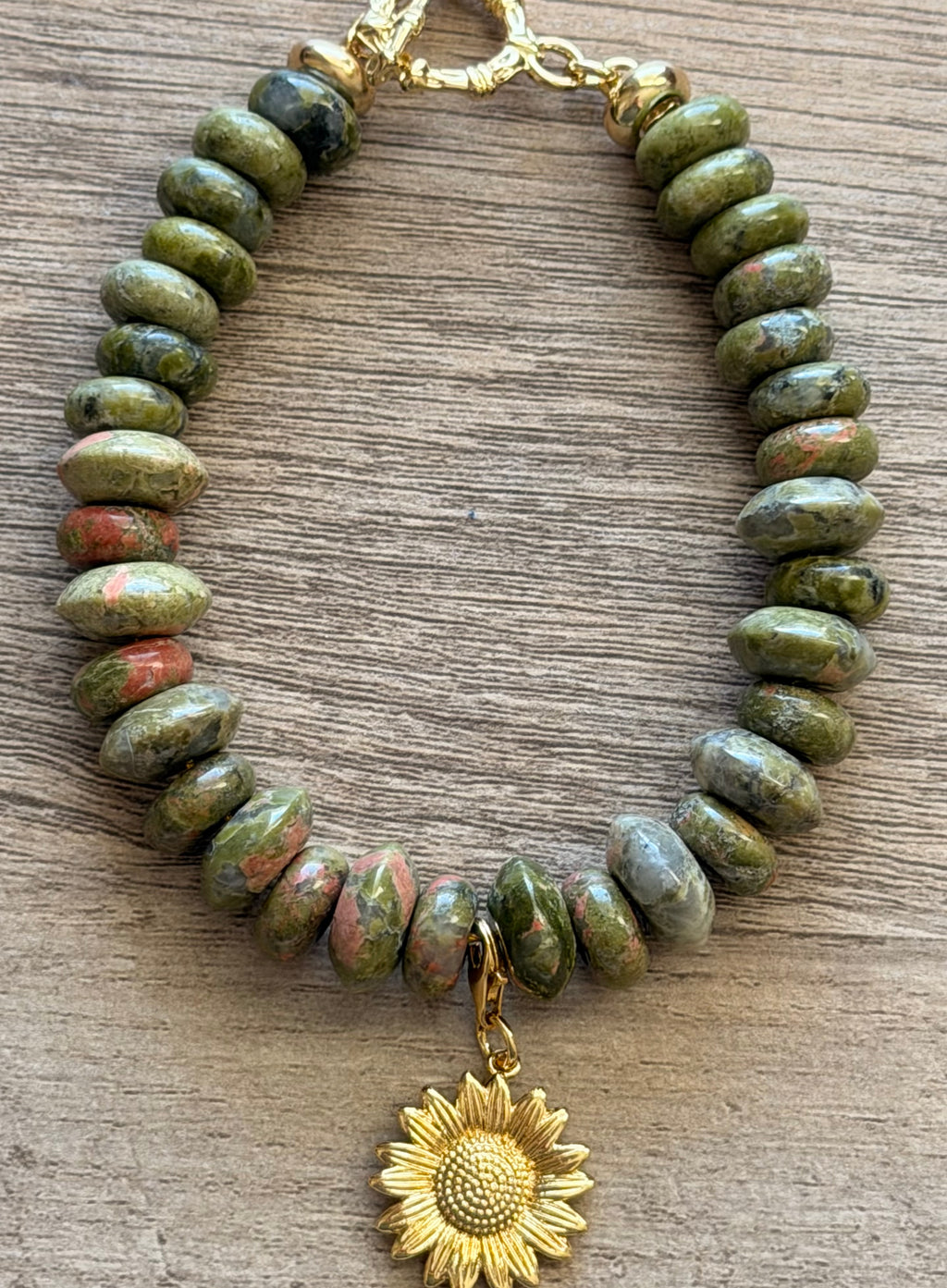 Unakite Gemstone Bead Bracelet w/ Removable Charm OOAK