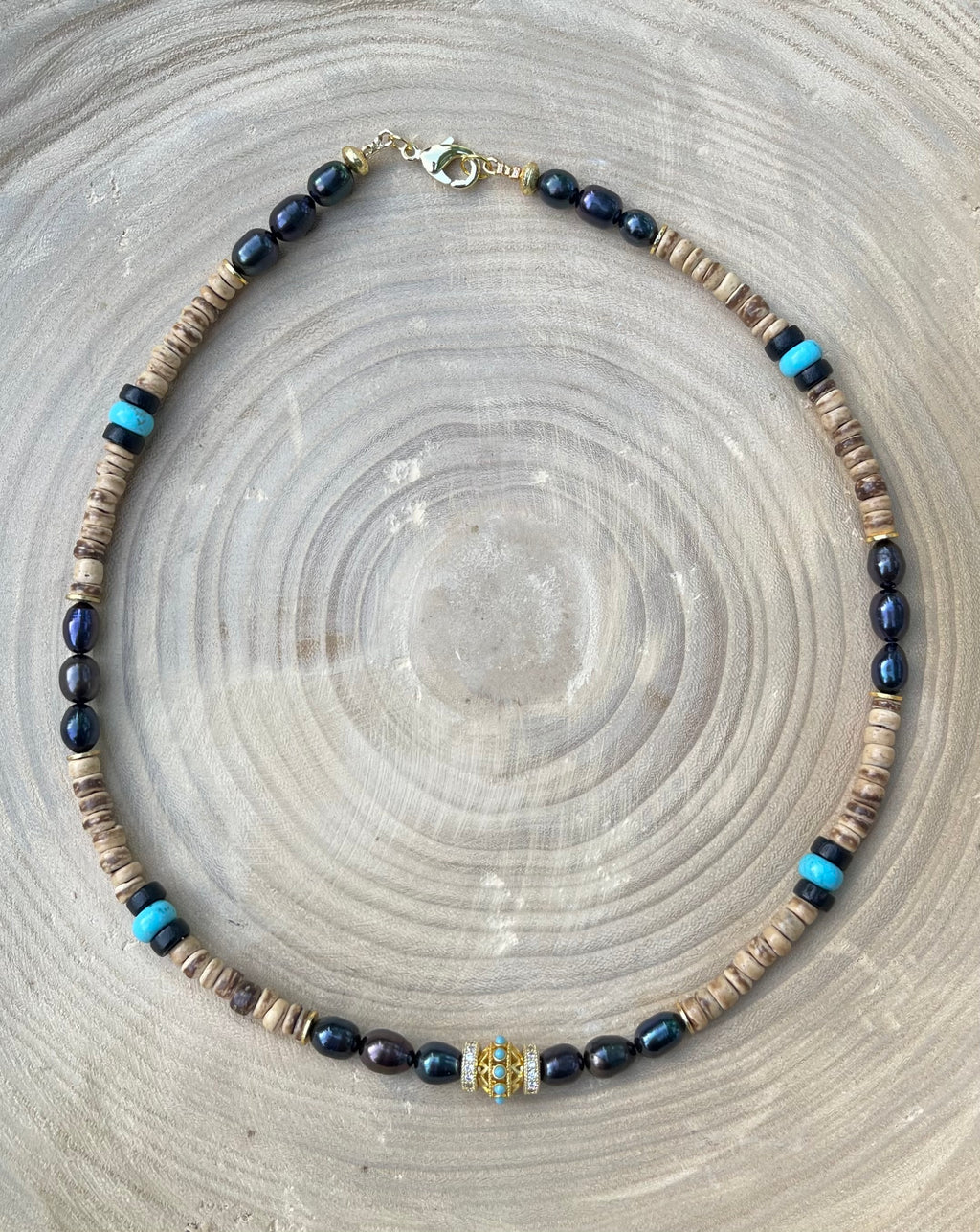 Coconut Midnight Pearl Necklace: Coconut Shell, Freshwater midnight Pearls, Turquoise & gold accents OOAK