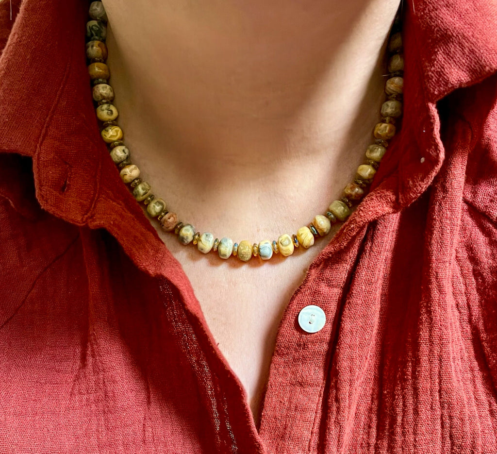 Autumn’s Embrace Necklace: Crazy Lace Agate natural stones in warm tones, Accented w Czech glass, Baltic stones and Gold charms