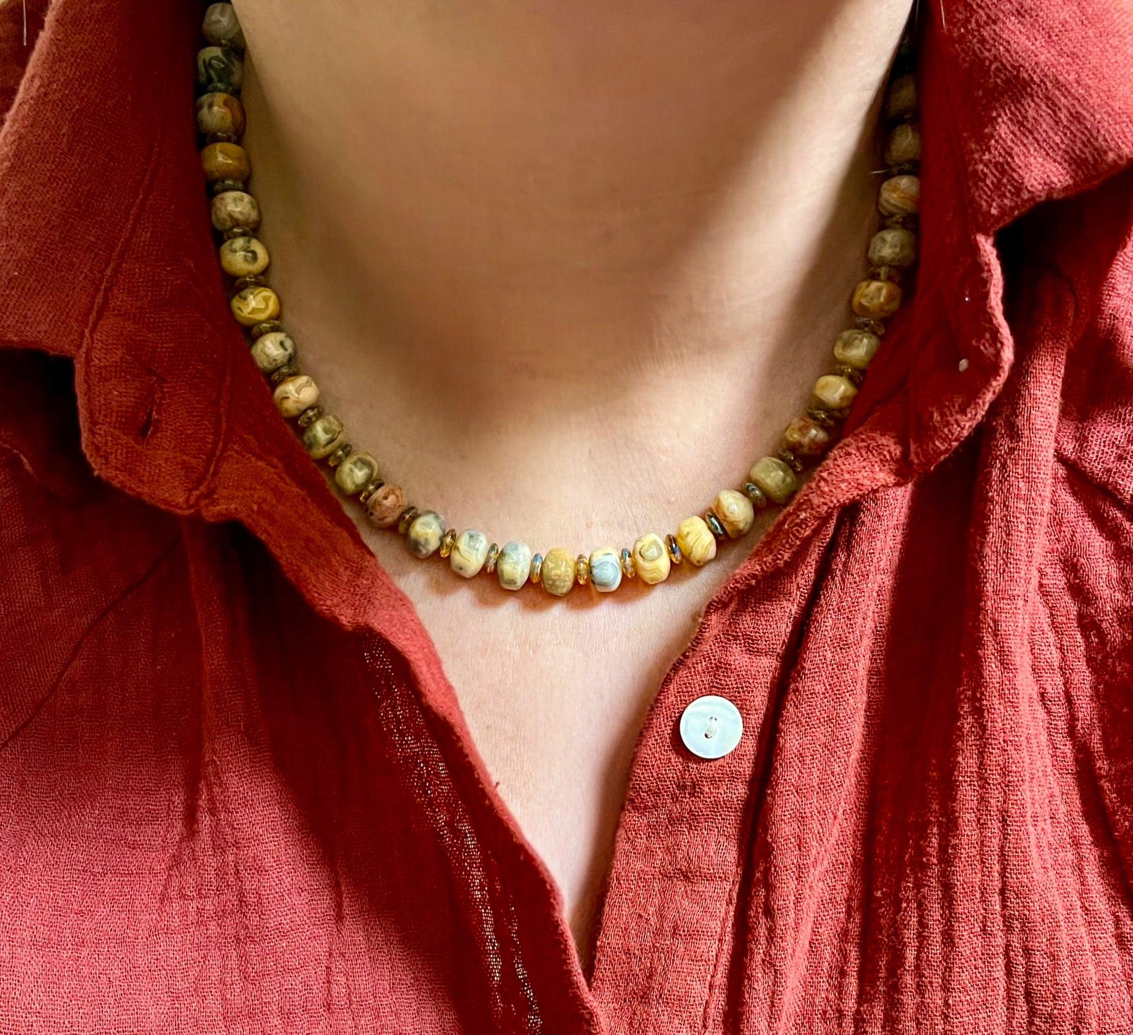 Autumn’s Embrace Necklace: Crazy Lace Agate natural stones in warm tones, Accented w Czech glass, Baltic stones and Gold charms