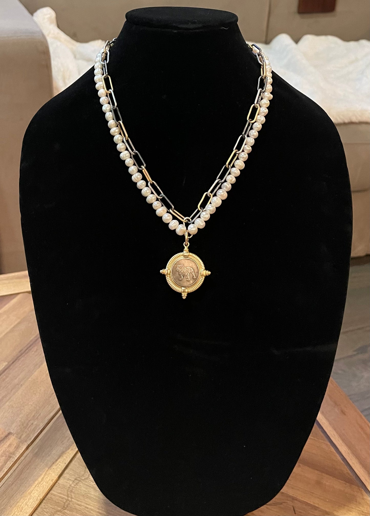 The Ugga Necklace: Pearl & Tri-tone chain (Gold Silver Gunmetal) with a beautiful gold and pewter Bulldog pendant, accented with hand-knotted authentic freshwater Pearls Lobster clasp