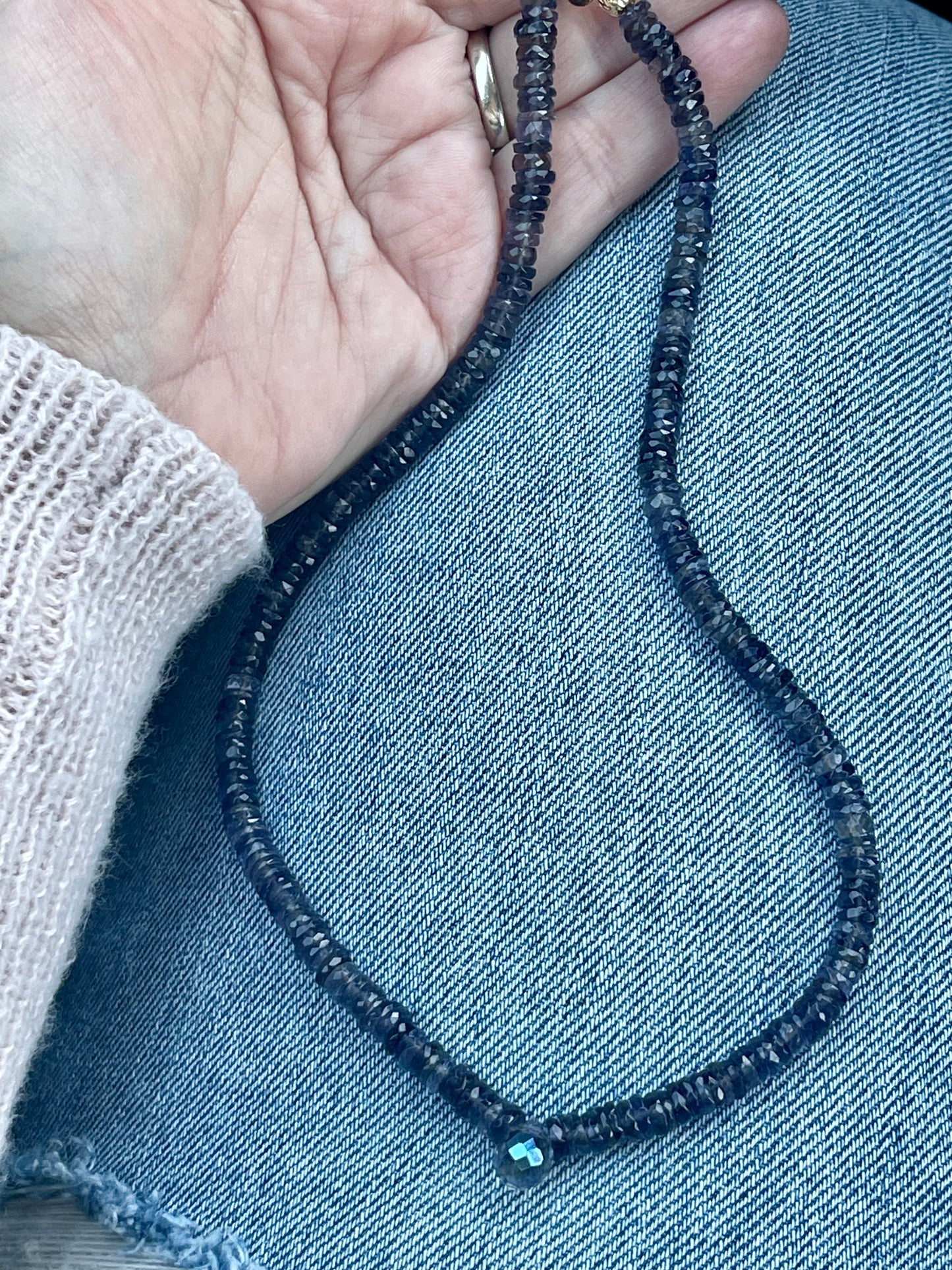 OOAK- Iolite Up The Sky Necklace: Heishi Cut Natural Iolite Faceted Beads with a Crystal Teardrop Centerpiece Wire Strung with Gold Hook Clasp