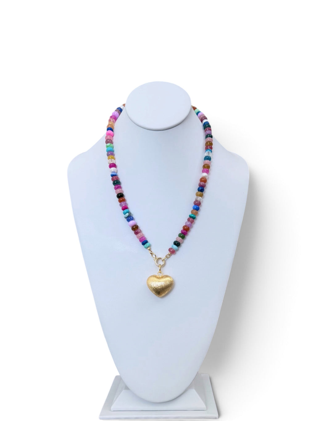 Colorful Claire Necklace: Mixed gemstones and a textured puffed heart pendant