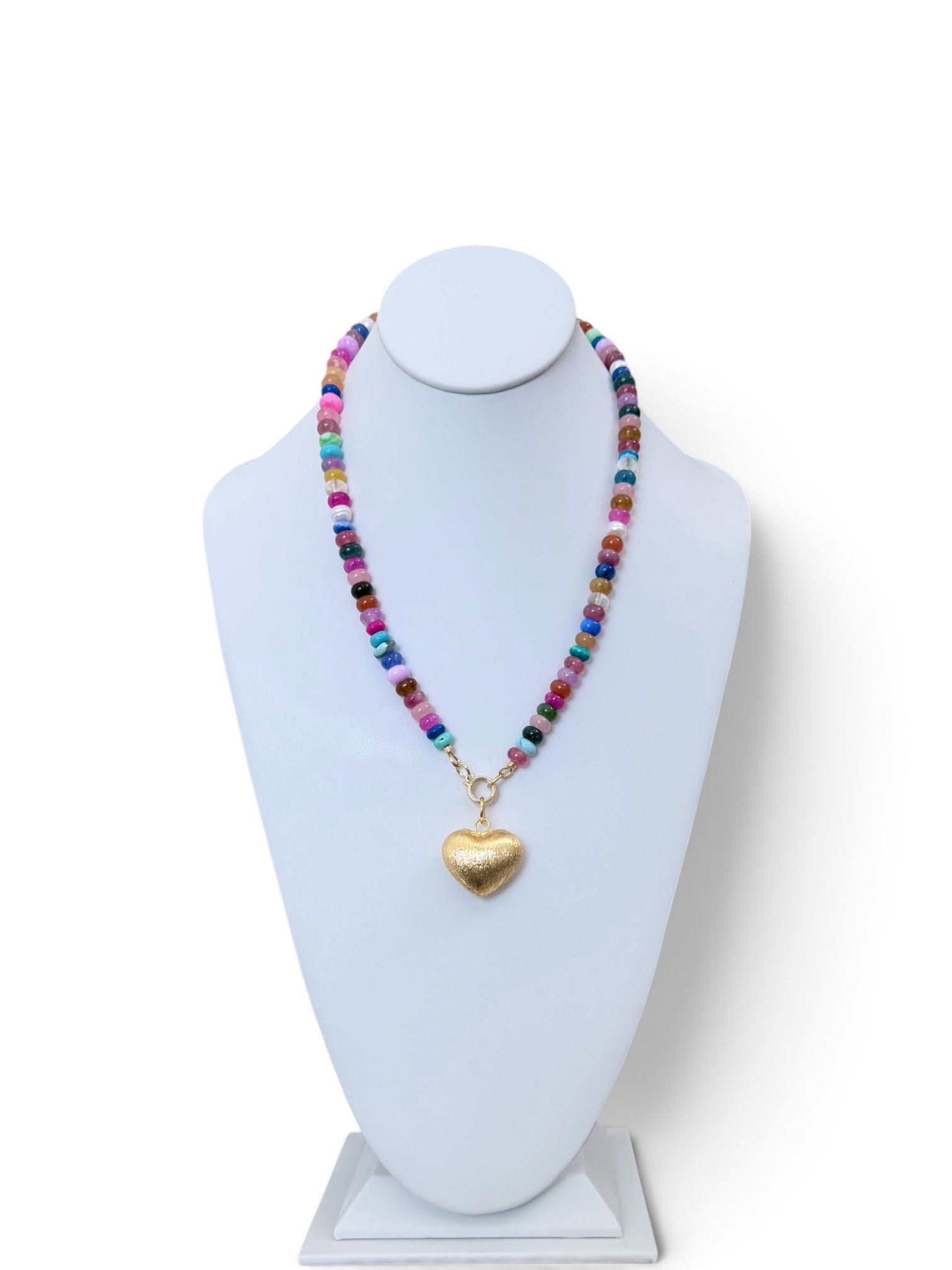 Colorful Claire Necklace: Mixed gemstones and a textured puffed heart pendant