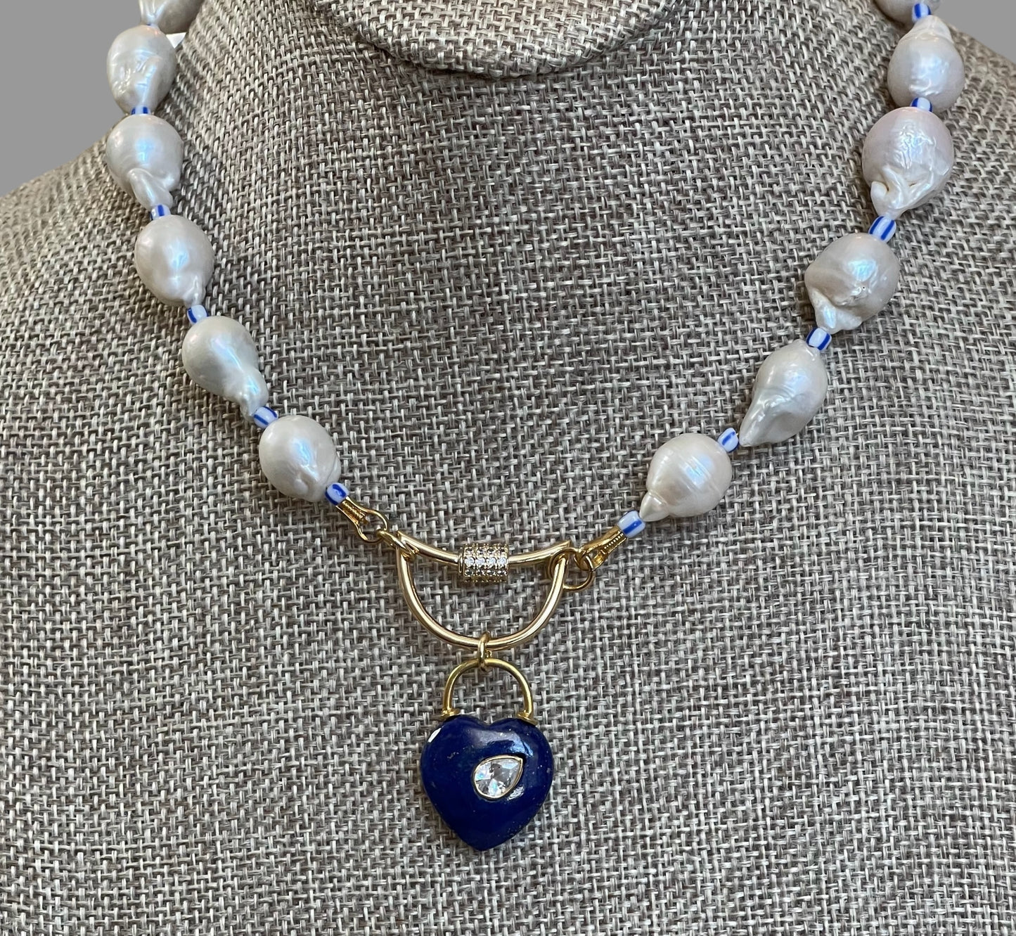 The Gabrielle Necklace: High Quality Baroque Pearls, Blue accent beads and a Lapis Lazuli Heart Pendant OOAK
