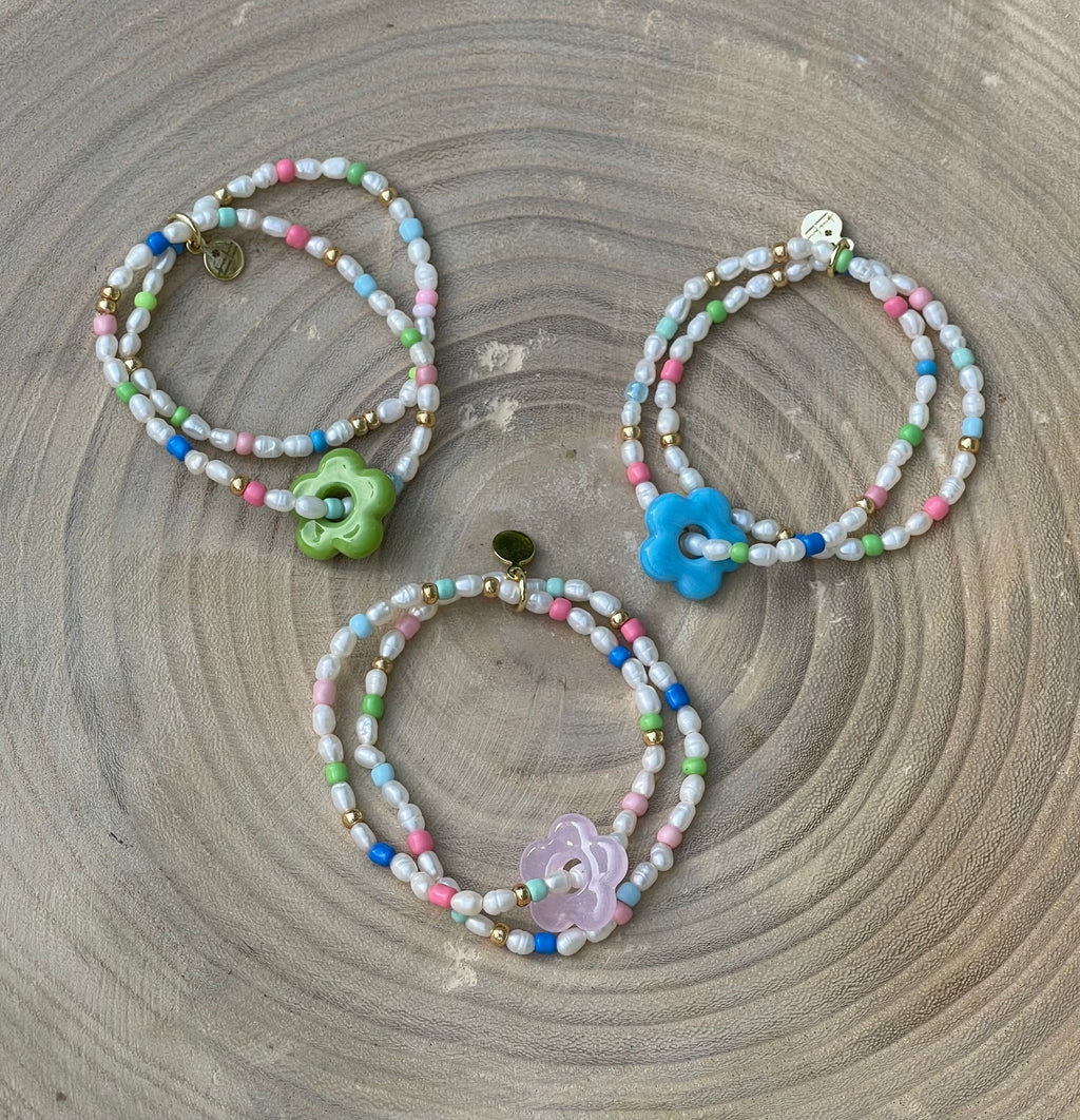 Candy Petals Bracelet Duo: Freshwater Pearls with candy colored accents 2 Stretch Bracelets Choose pink green or blue flower