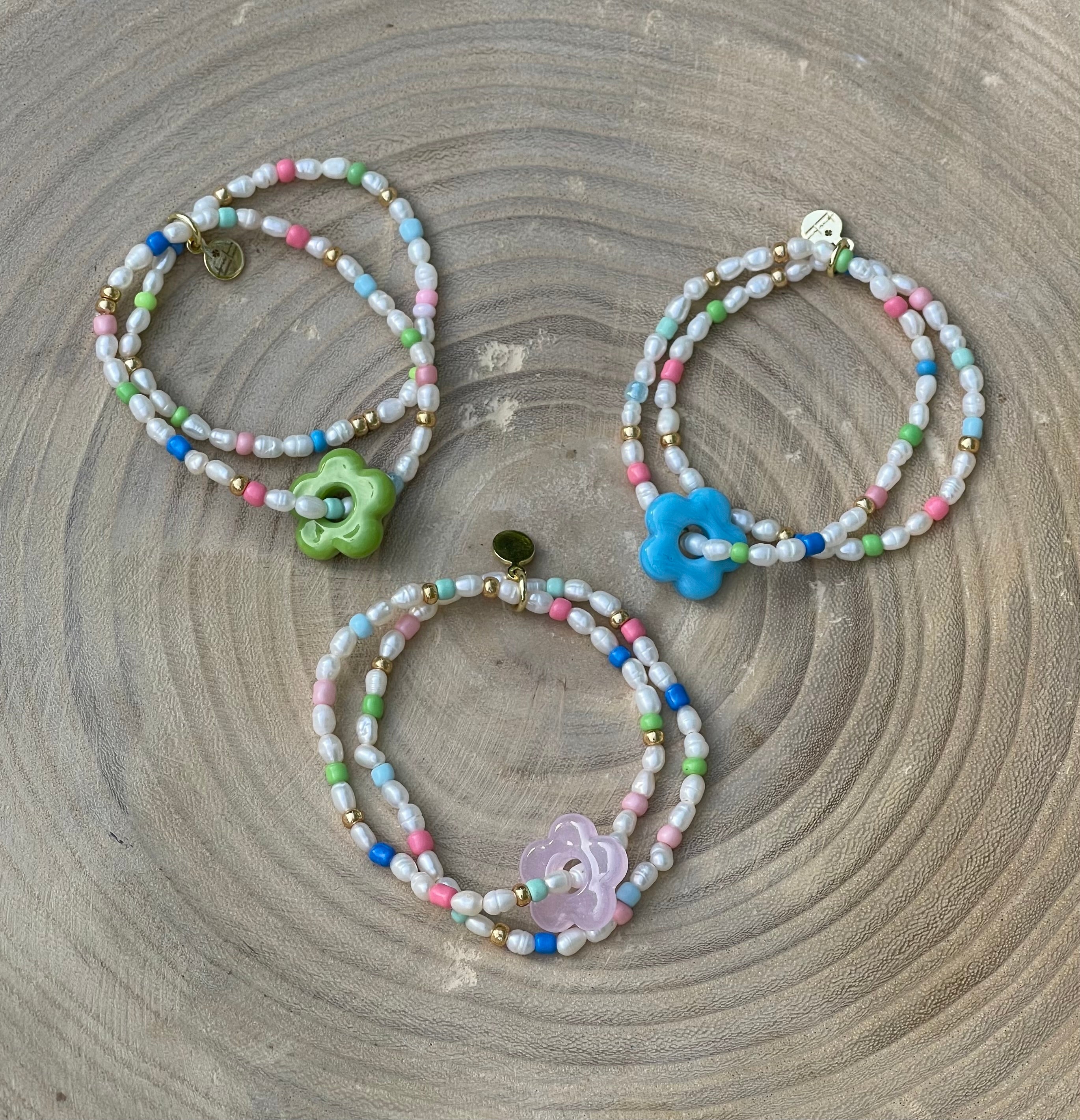 Candy Petals Bracelet Duo: Freshwater Pearls with candy colored accents 2 Stretch Bracelets Choose pink green or blue flower
