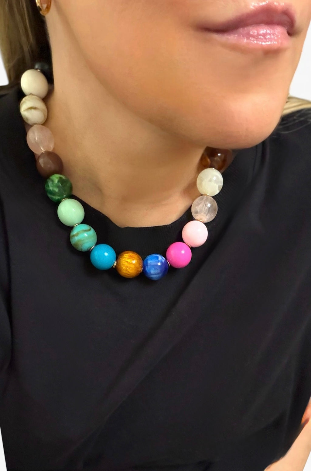 The Gathered Color Necklace: multi color intricate beads with a tiny pop of gold
