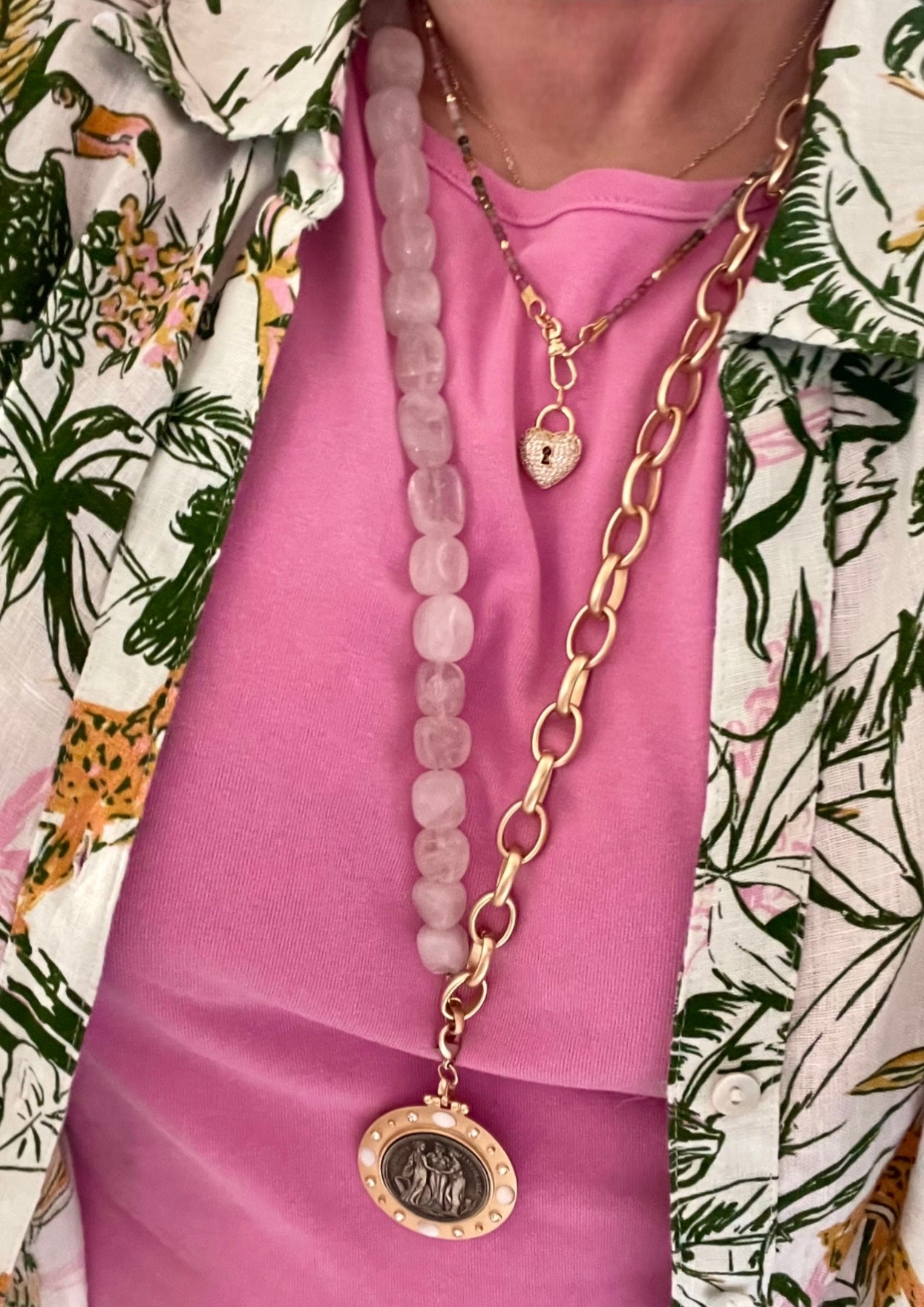 The Six Way Necklace: Rose Quartz and Brushed Gold Chain Duo with Greek Three Graces Replica Coin Pendant