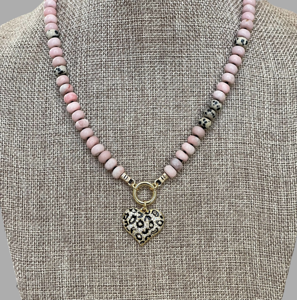 The Pink Leopard Necklace: Natural matte pink opals hand knotted on black silk w Dalmatian Jasper accents Gold pavé leopard heart OOAK
