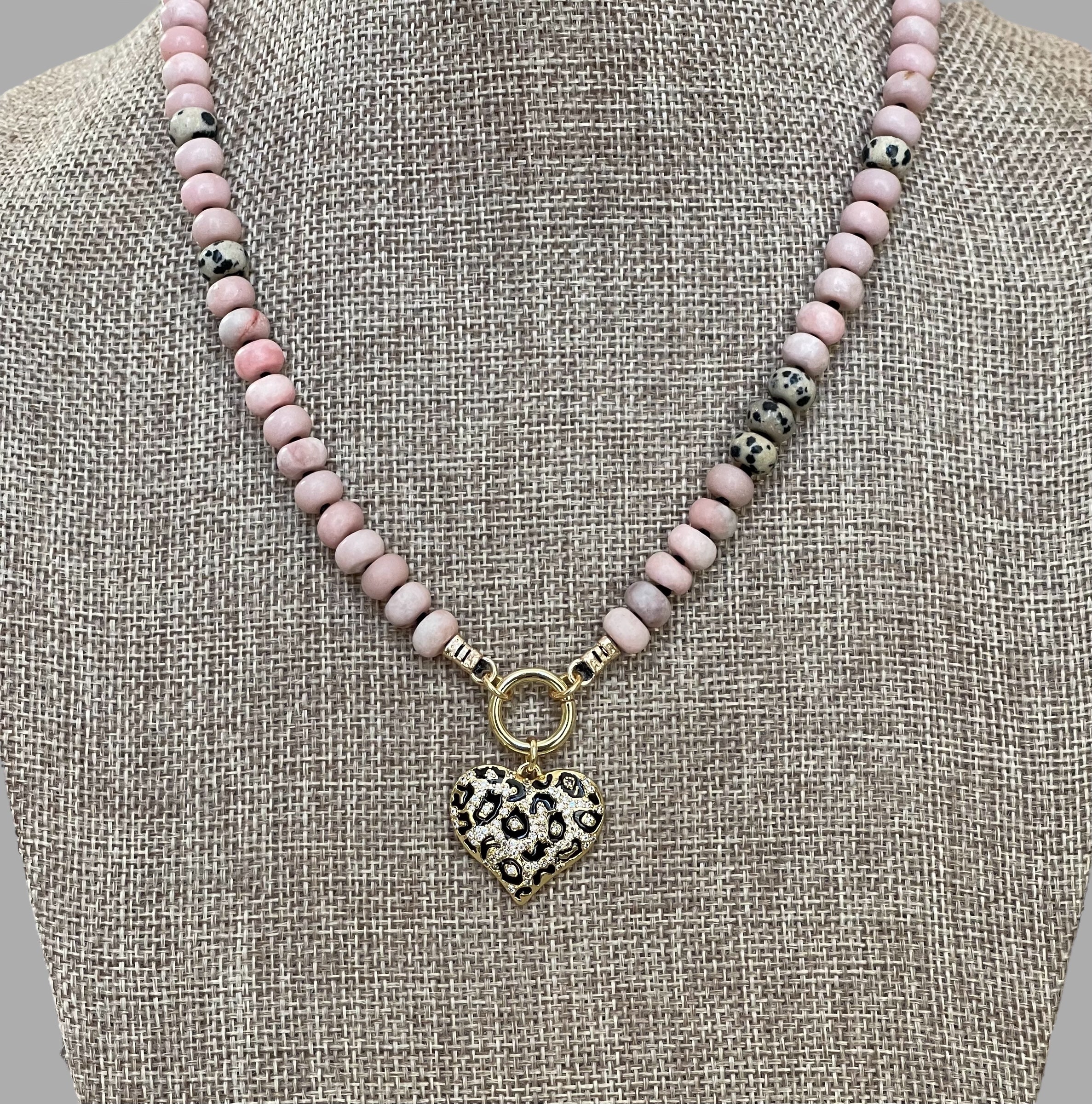 The Pink Leopard Necklace: Natural matte pink opals hand knotted on black silk w Dalmatian Jasper accents Gold pavé leopard heart OOAK