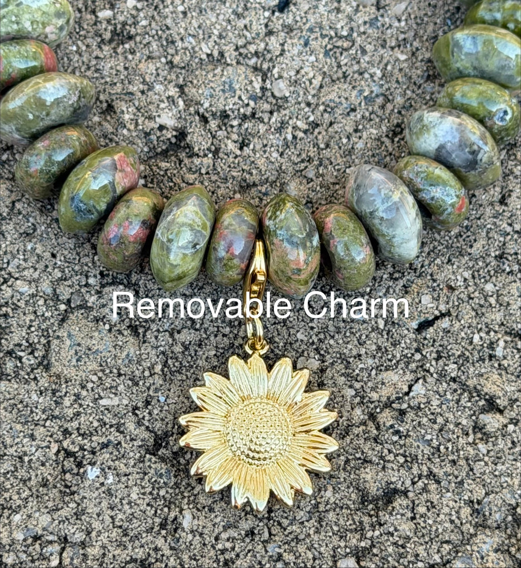 Unakite Gemstone Bead Bracelet w/ Removable Charm OOAK