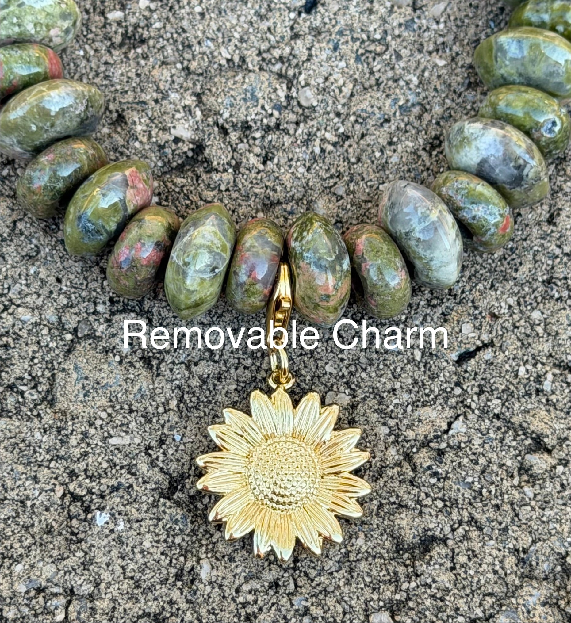 Unakite Gemstone Bead Bracelet w/ Removable Charm OOAK