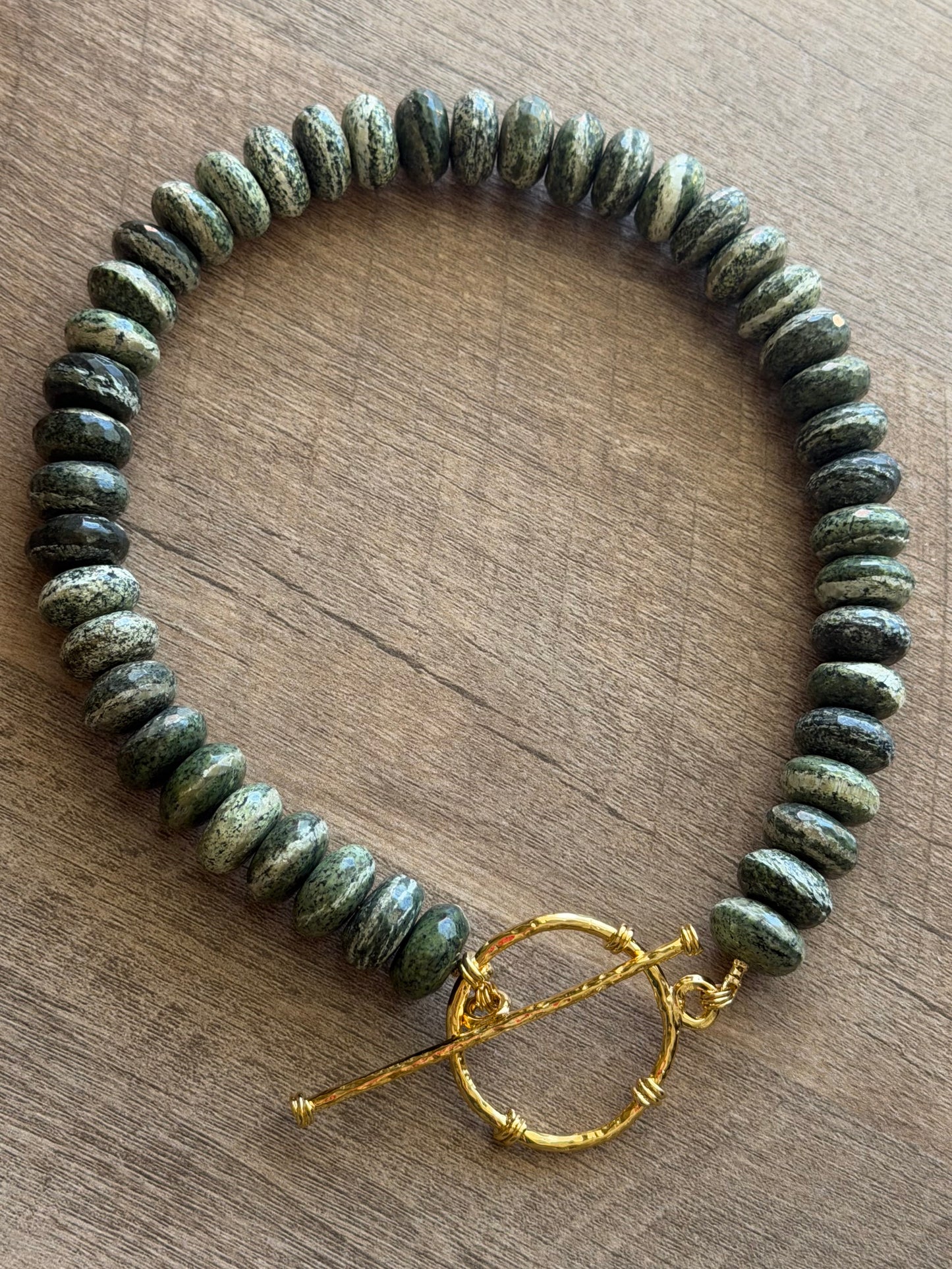 Brazilian Silver Leaf Serpentine Necklace: Stunning green gemstone beads•Oversized gold toggle clasp•OOAK