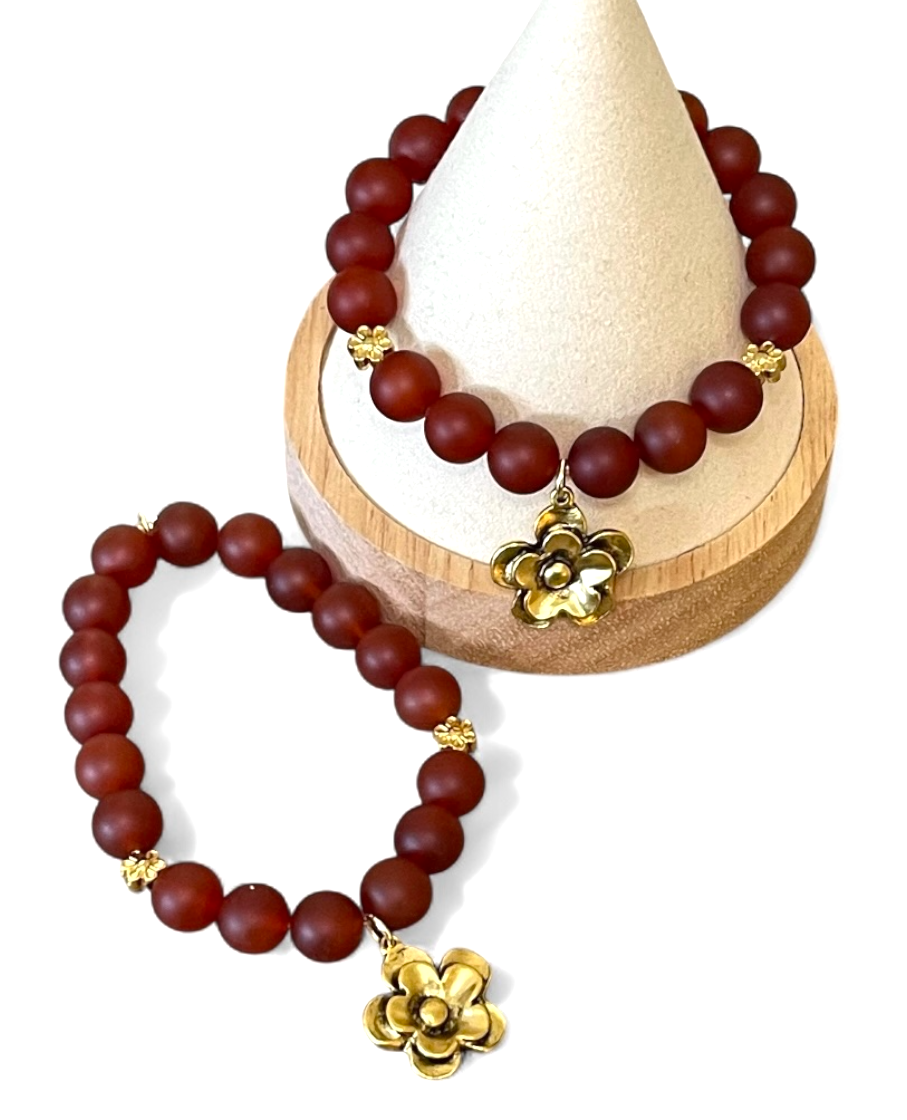 Matte Carnelian Stretch Bracelet Set: 2 bracelets with antiqued gold accents
