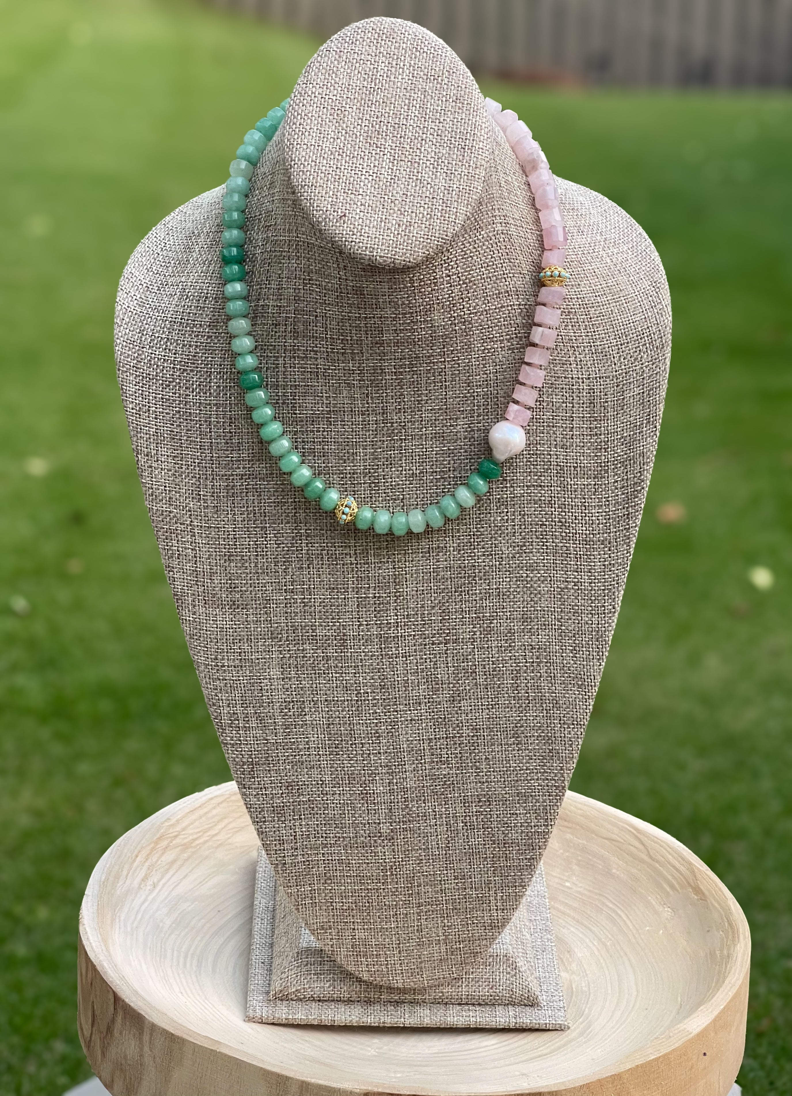 Garden Party OOAK Necklace: Green Aventurine, Rose Quartz, Genuine Baroque Pearl, Pop of Turquoise color in gold accent beads, Gold hook clasp