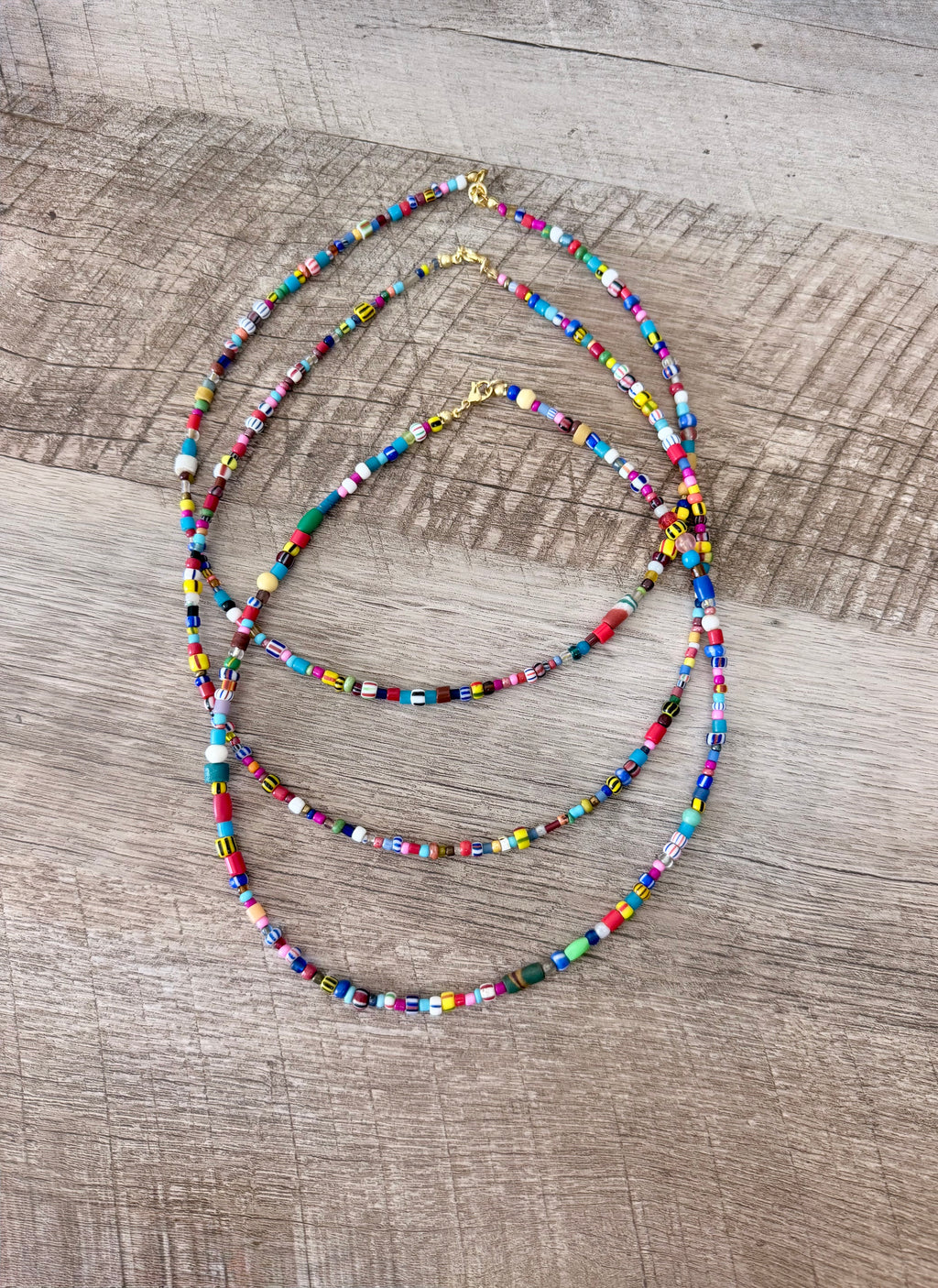 Serendipity Necklace: Mixed glass & Ceramic beads Gold clasp
