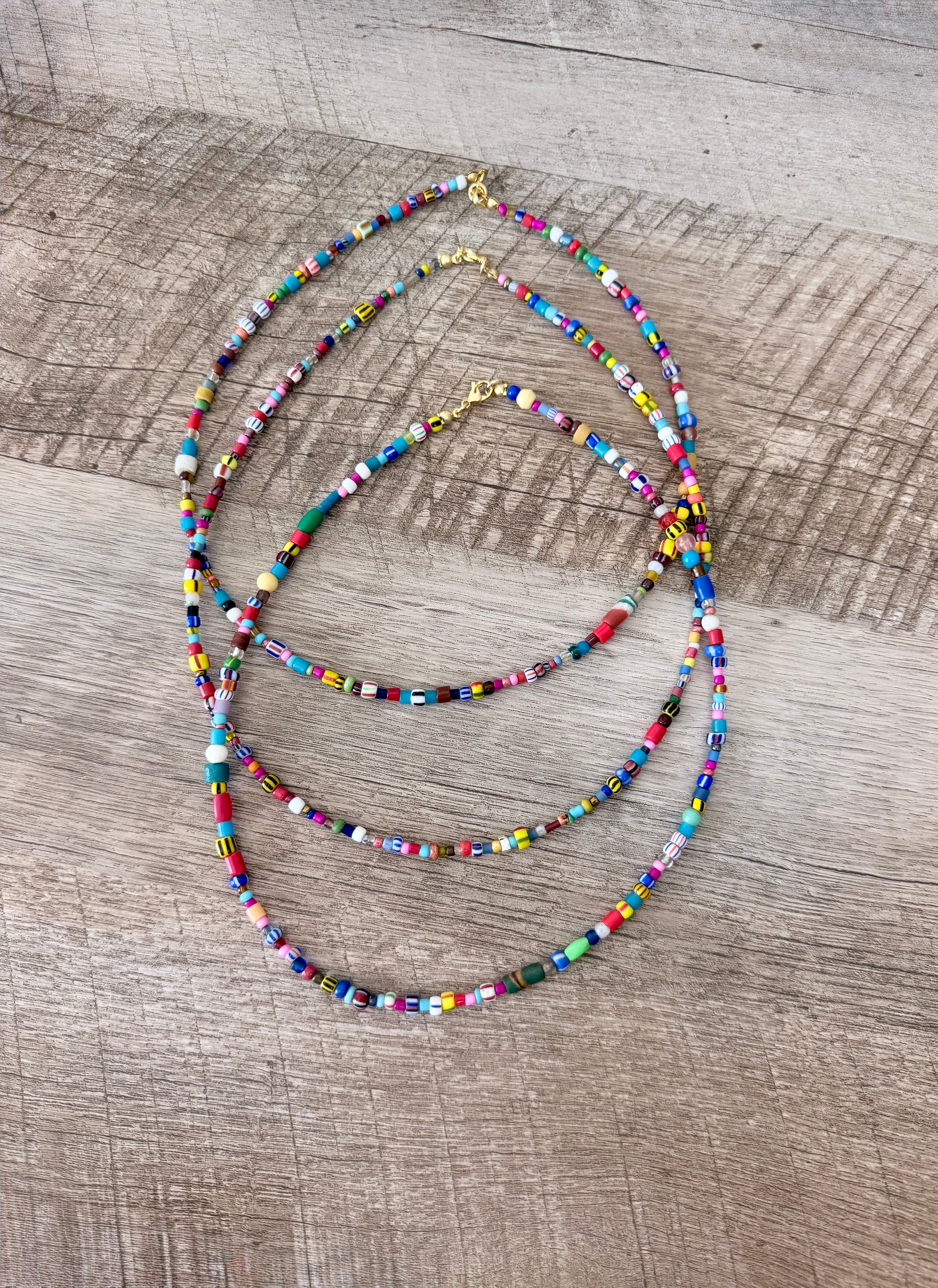 Serendipity Necklace: Mixed glass & Ceramic beads Gold clasp