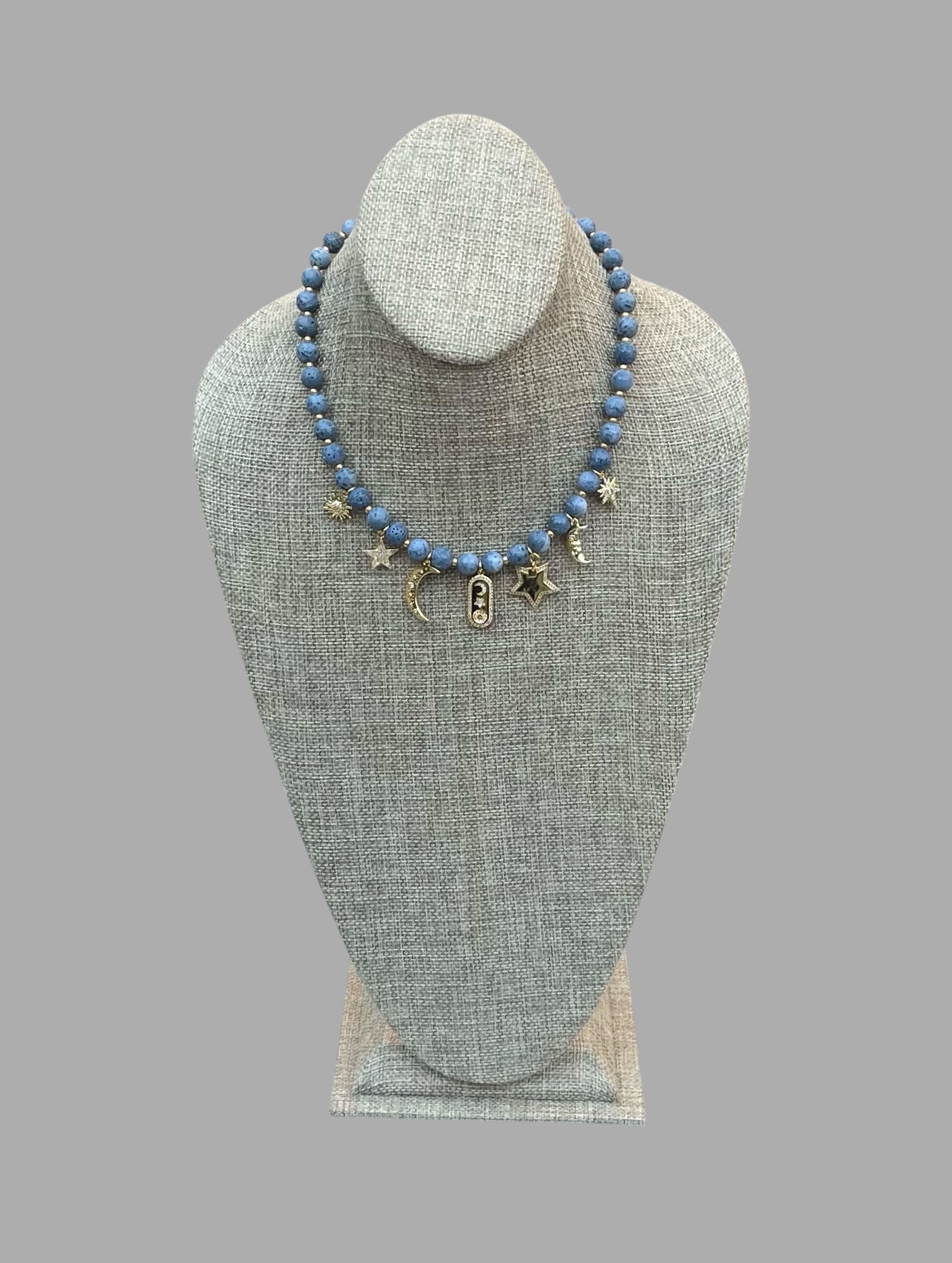 The Celestial Necklace: Indonesian Coral beads perfect for essential oil diffusing, Gold charms with CZ accents