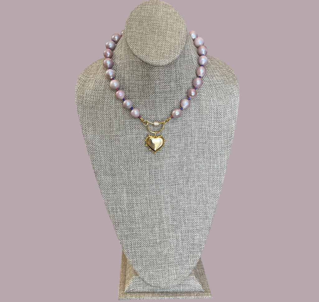 The Yves Necklace: Lavender Edison Pearls w/glass spacers, a gold crescent clasp holding a heart pendant OOAK