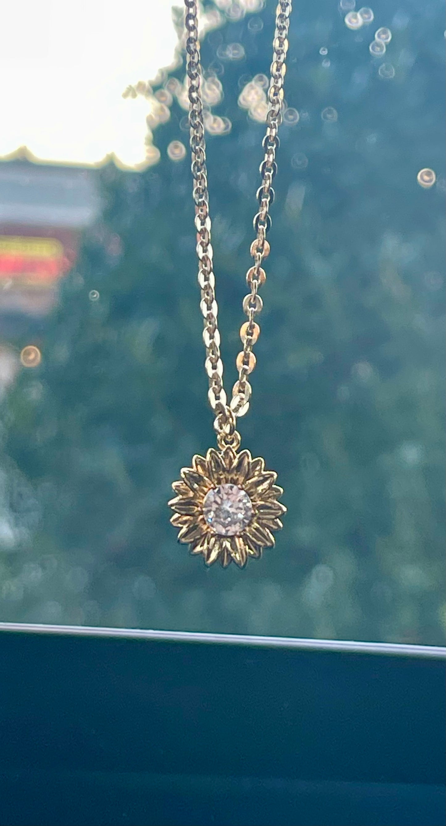 Golden Sunflower 🌻 Necklace: 14k Gold Filled Chain, CZ Center Charm & Clasp