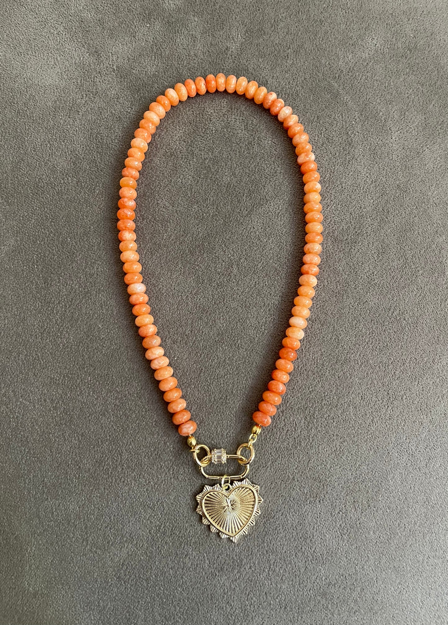 Orange Jade Necklace: Fall Orange Jade Rondelle shaped Beads w a Gold Plated Cubic Zirconia encrusted Clasp and Heart Charm