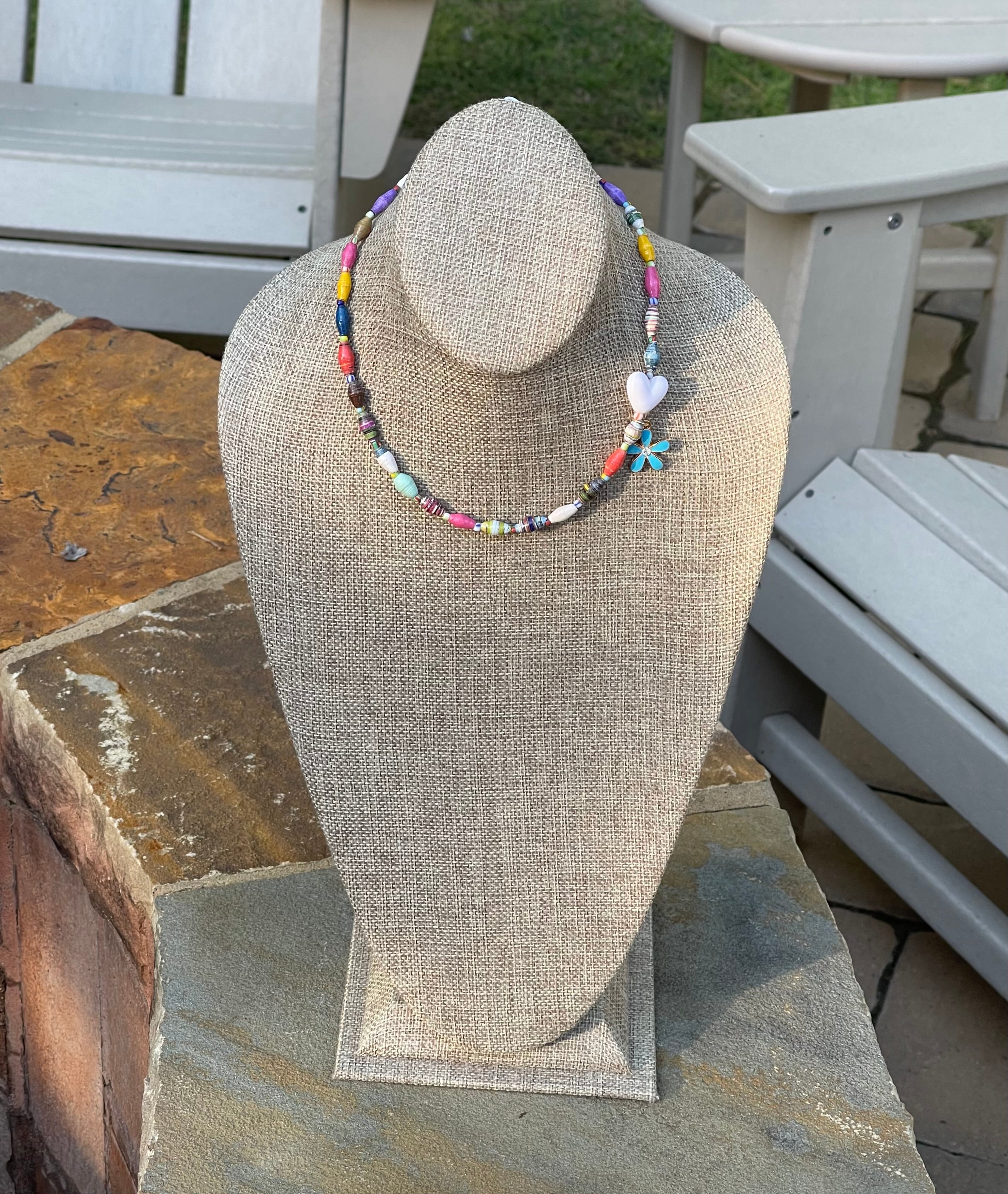 Kindred Colors Necklace: Unique beads handmade in Uganda from recycled paper, glass & acrylic accent beads and a brass flower charm