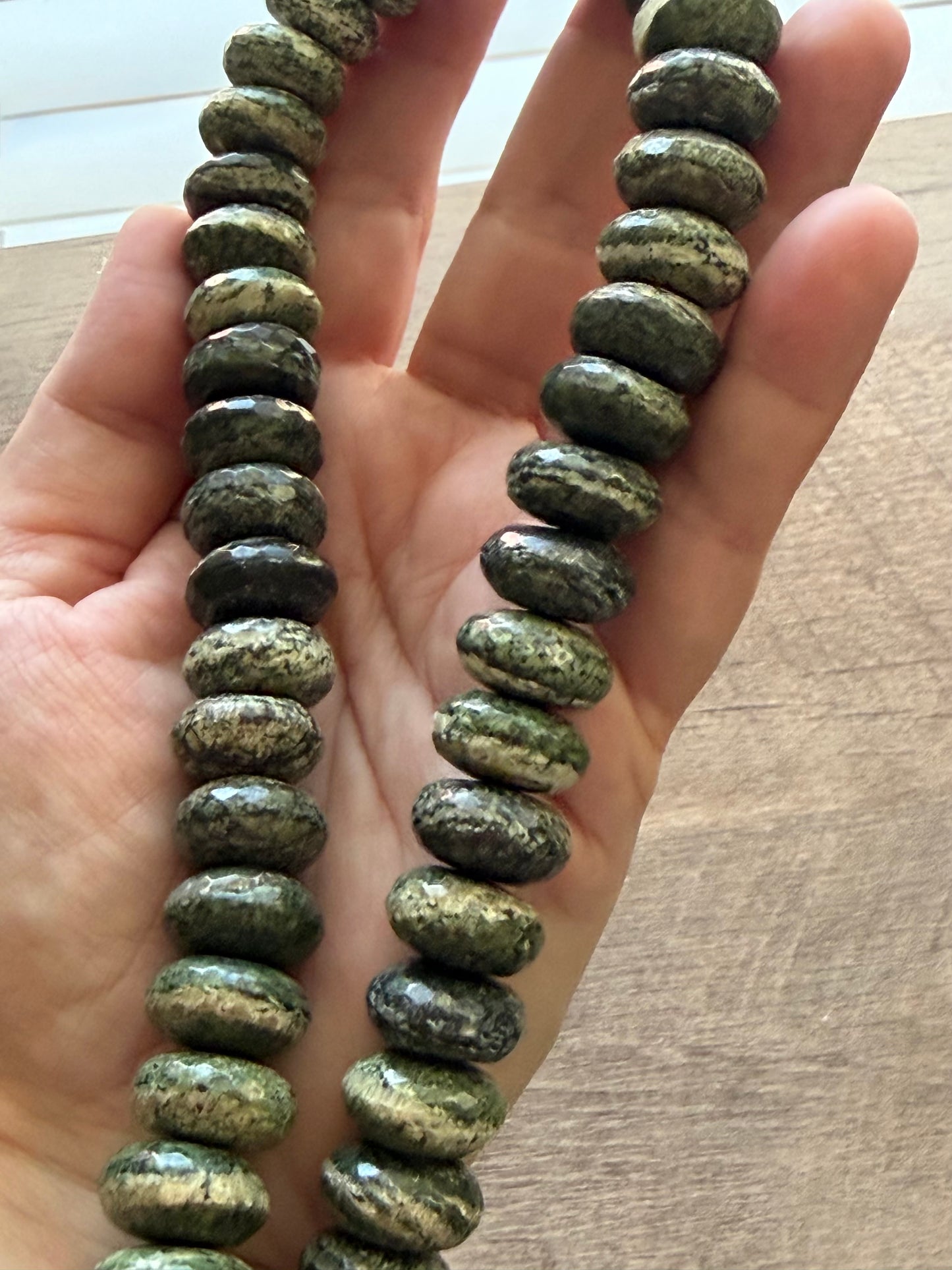 Brazilian Silver Leaf Serpentine Necklace: Stunning green gemstone beads•Oversized gold toggle clasp•OOAK