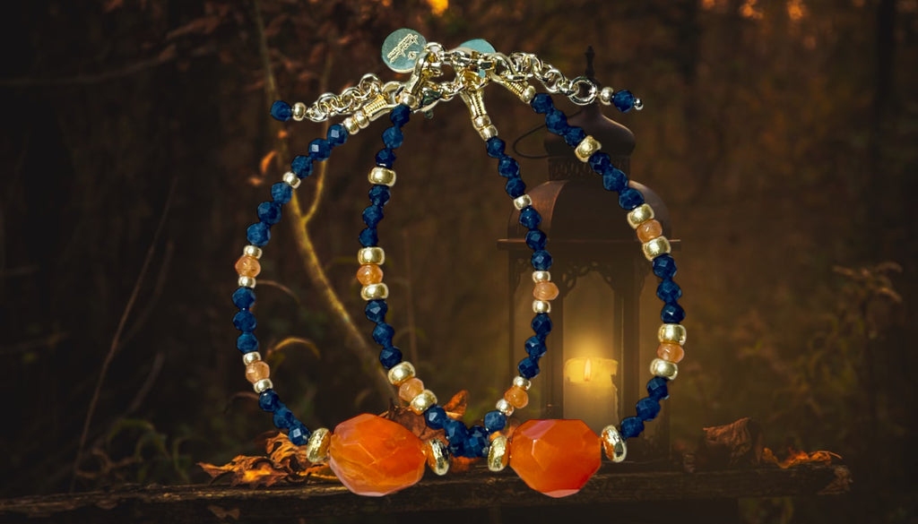 Fire & Twilight Bracelet~ Very Limited Edition: Faceted Sapphire beads Gold accent beads and a faceted Carnelian Centerpiece