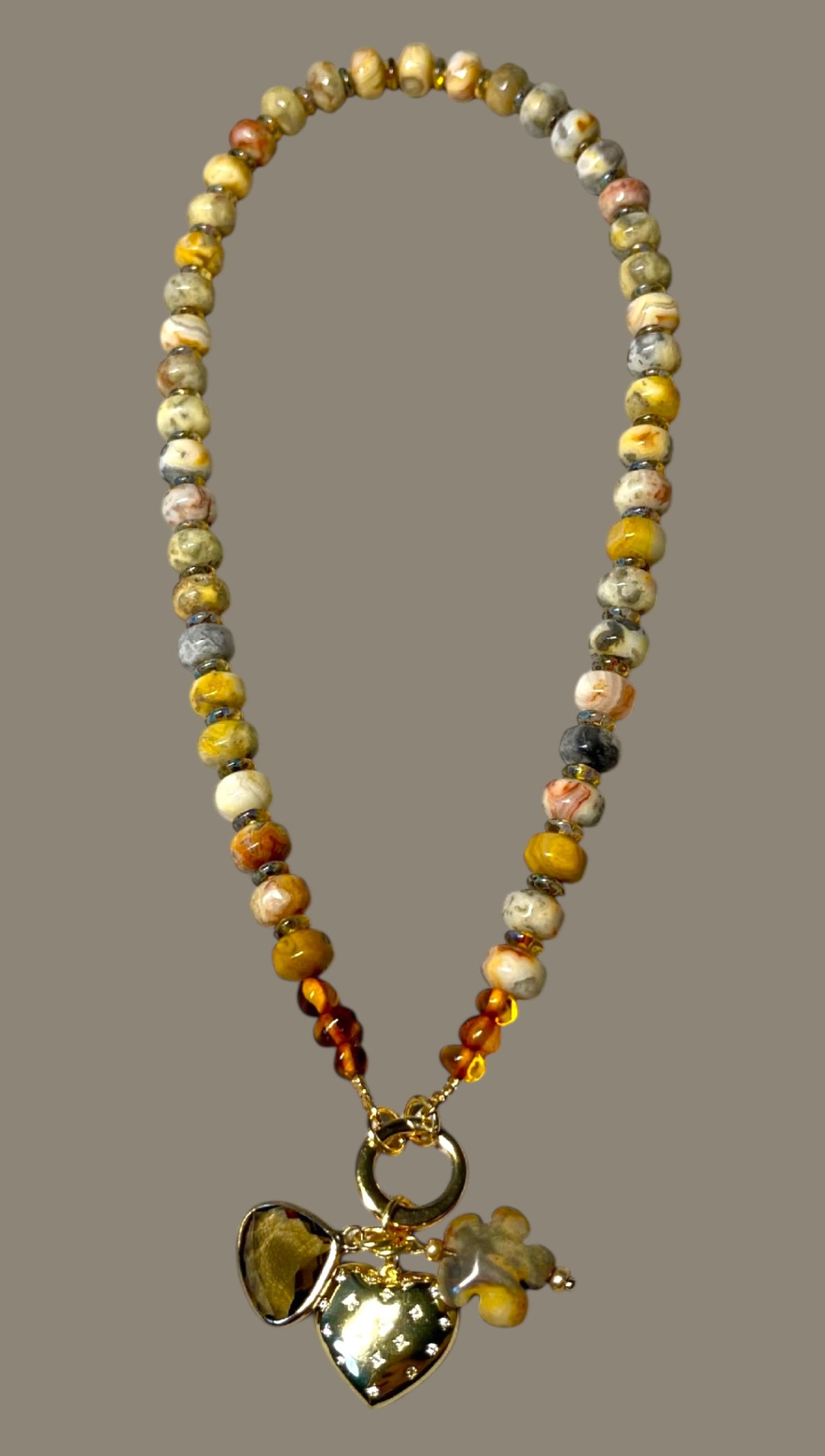 Autumn’s Embrace Necklace: Crazy Lace Agate natural stones in warm tones, Accented w Czech glass, Baltic stones and Gold charms