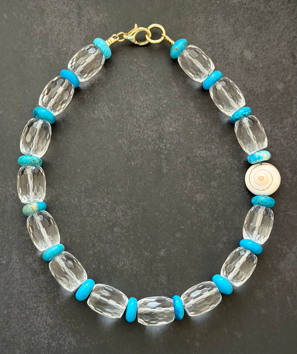 The Solstice Tide Necklace: faceted clear quartz and turquoise OOAK