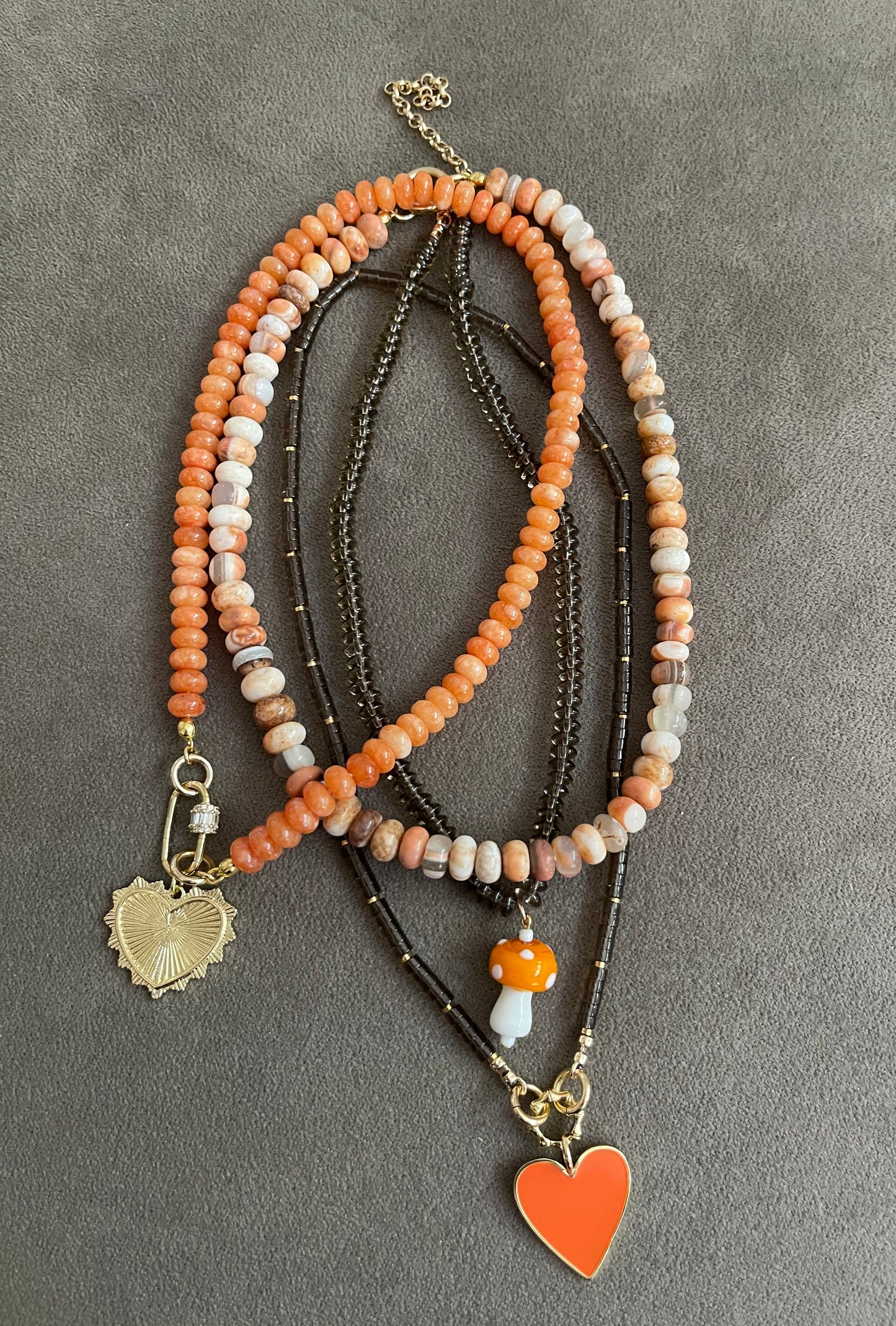 Orange Jade Necklace: Fall Orange Jade Rondelle shaped Beads w a Gold Plated Cubic Zirconia encrusted Clasp and Heart Charm