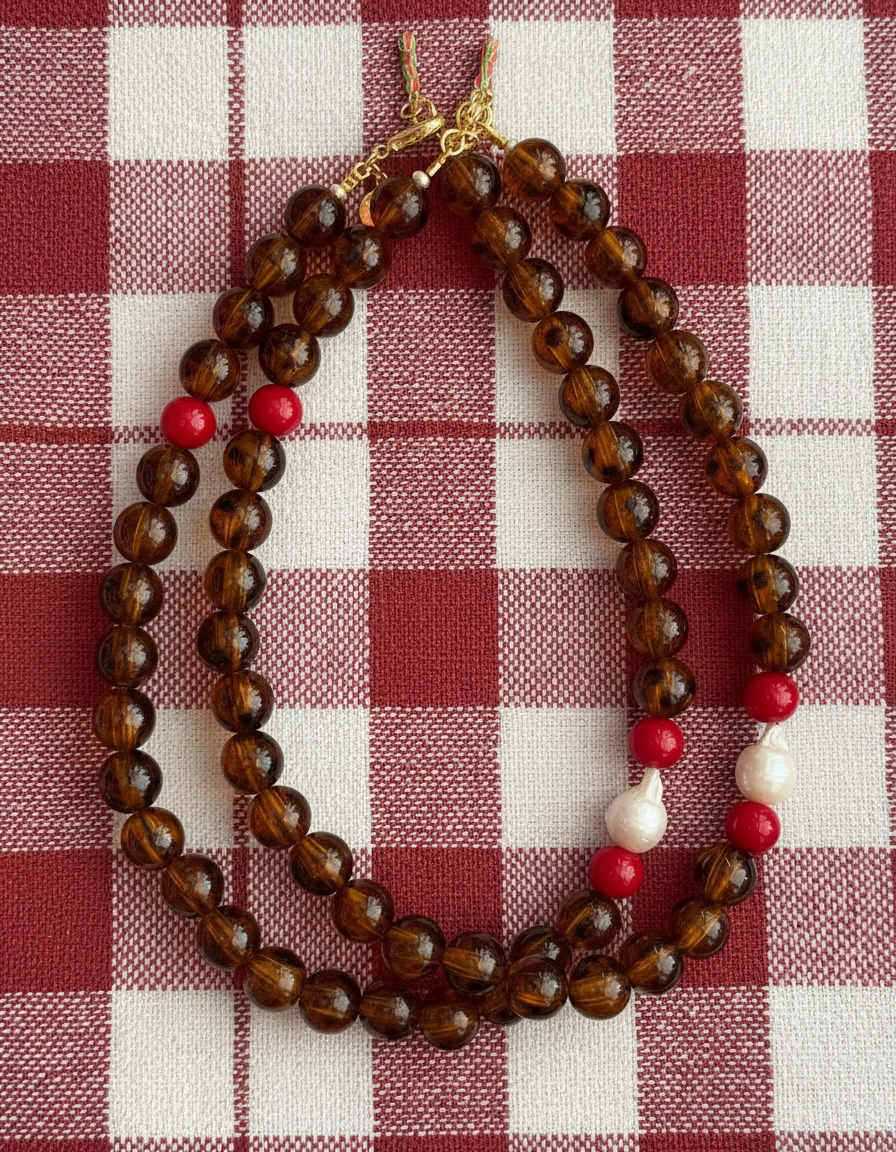 Tortoiseshell Holiday Collar: Resin beads with a natural Baroque Pearl and red glass beads Limited Edition