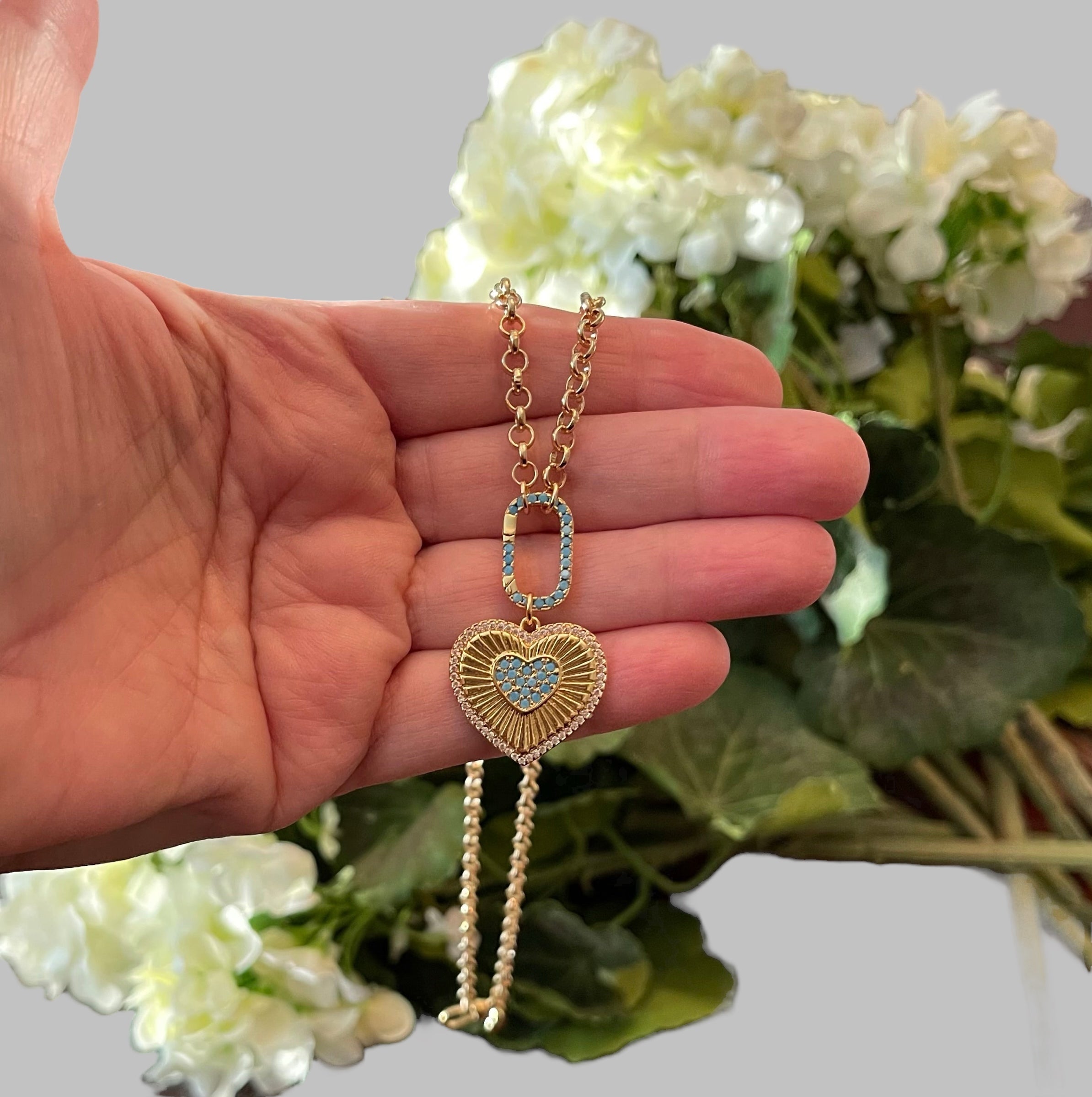Touch of Turquoise Necklace: Gold Plated Rolo Chain with a GP Turquoise Center Heart Charm