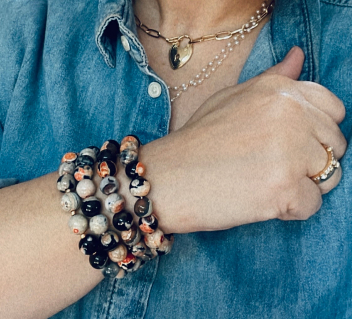 Black & Orange Fire Agate Natural Stone Stretch Bracelet 10mm & 8mm