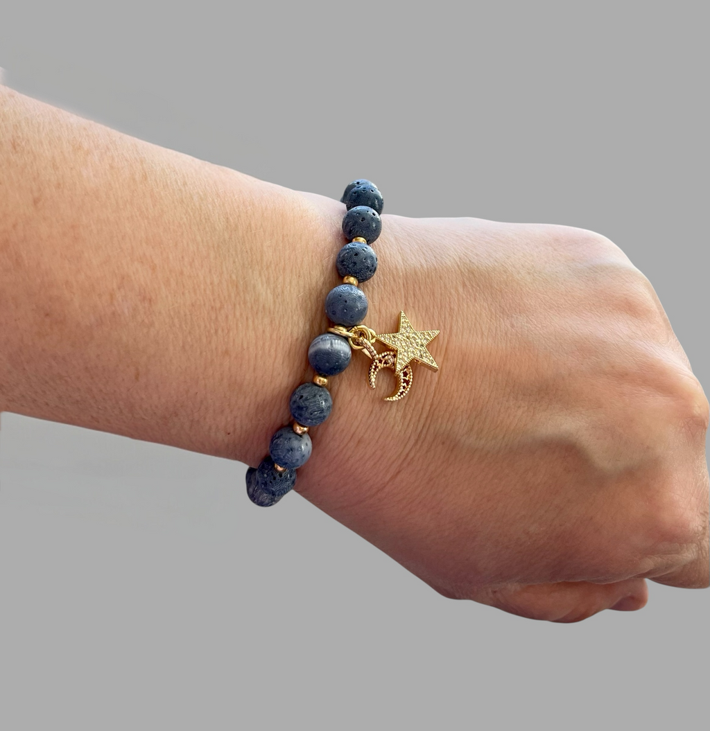The Celestial Bracelet: Indonesian Coral beads perfect for essential oil diffusing, Gold charms with CZ accents