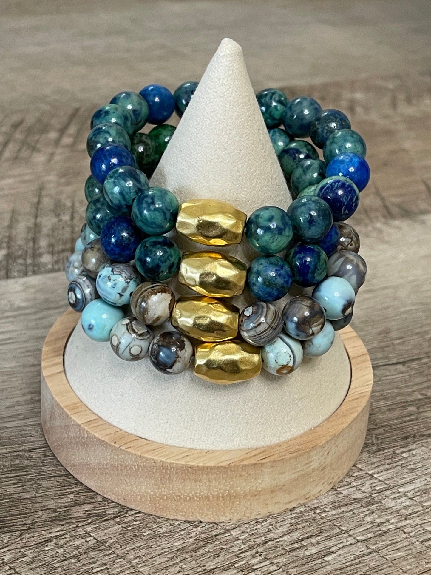 Barrel & Stone Bracelet: Azurite Chrysocholla Gemstone Stretch Bracelet with Gold hammered Artisan bead