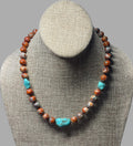 Red Copper & Turquoise Necklace: Hand knotted on brown silk, Natural Agate beads and rustic Turquoise, Gold Toggle clasp OOAK