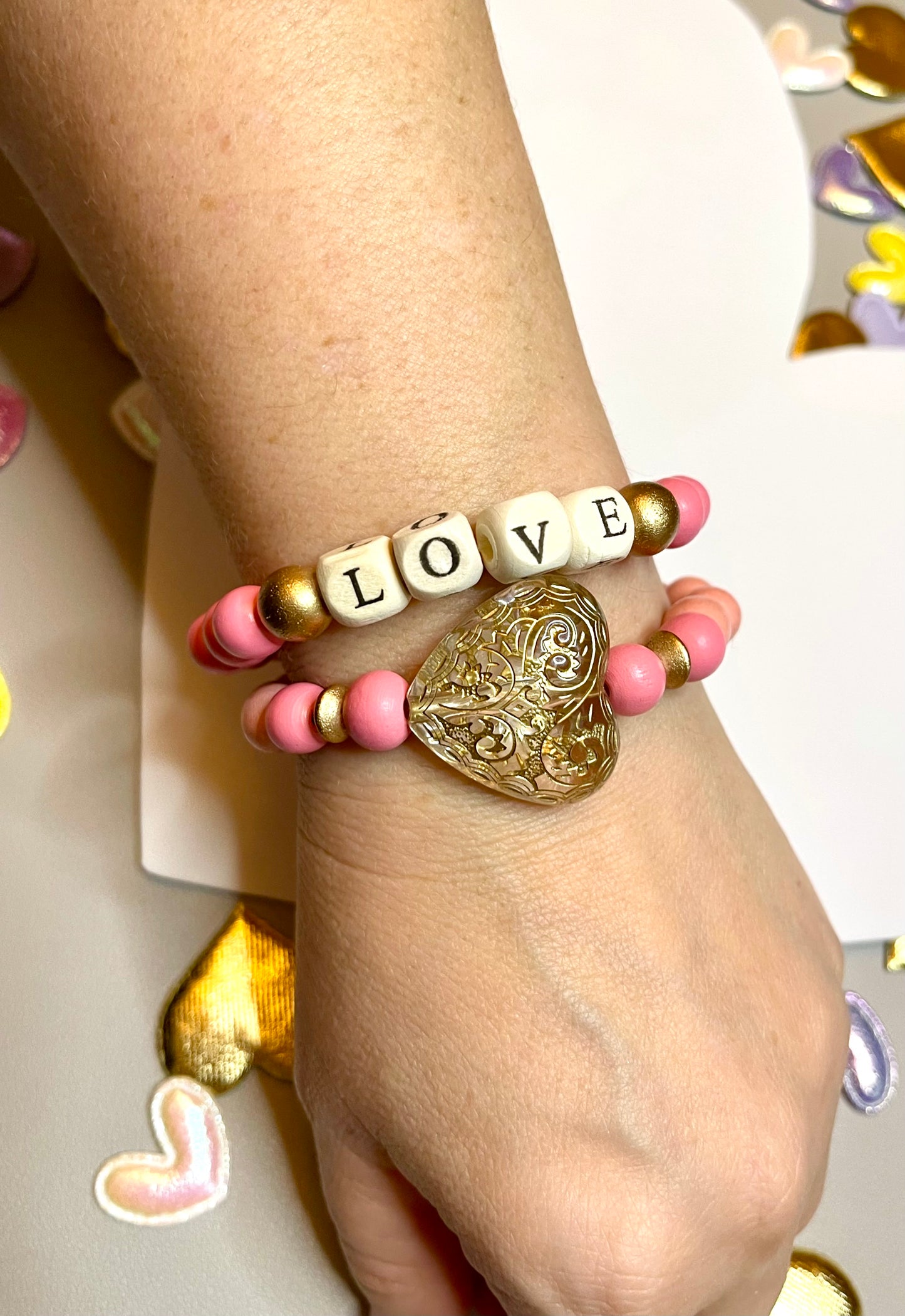 OOAK Jumbo Heart Stack (2) Two shades of Pink with Gold Wooden accent beads, a Jumbo Acrylic Heart and Letter Beads “LOVE”