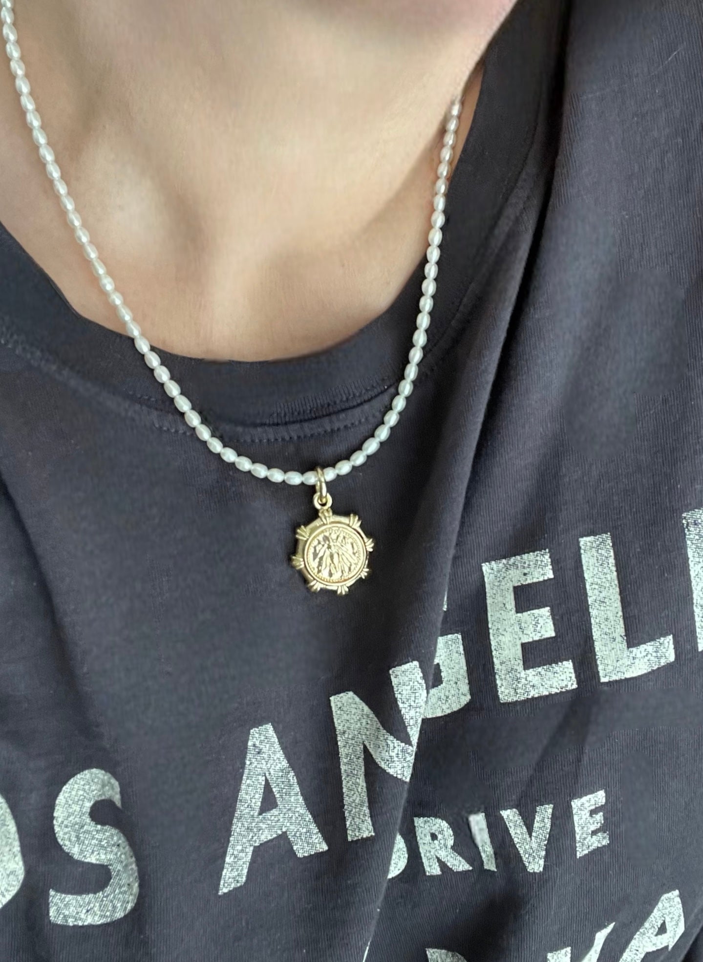 Bee Happy Necklace: Freshwater Pearls and a gold French bee coin replica pendant