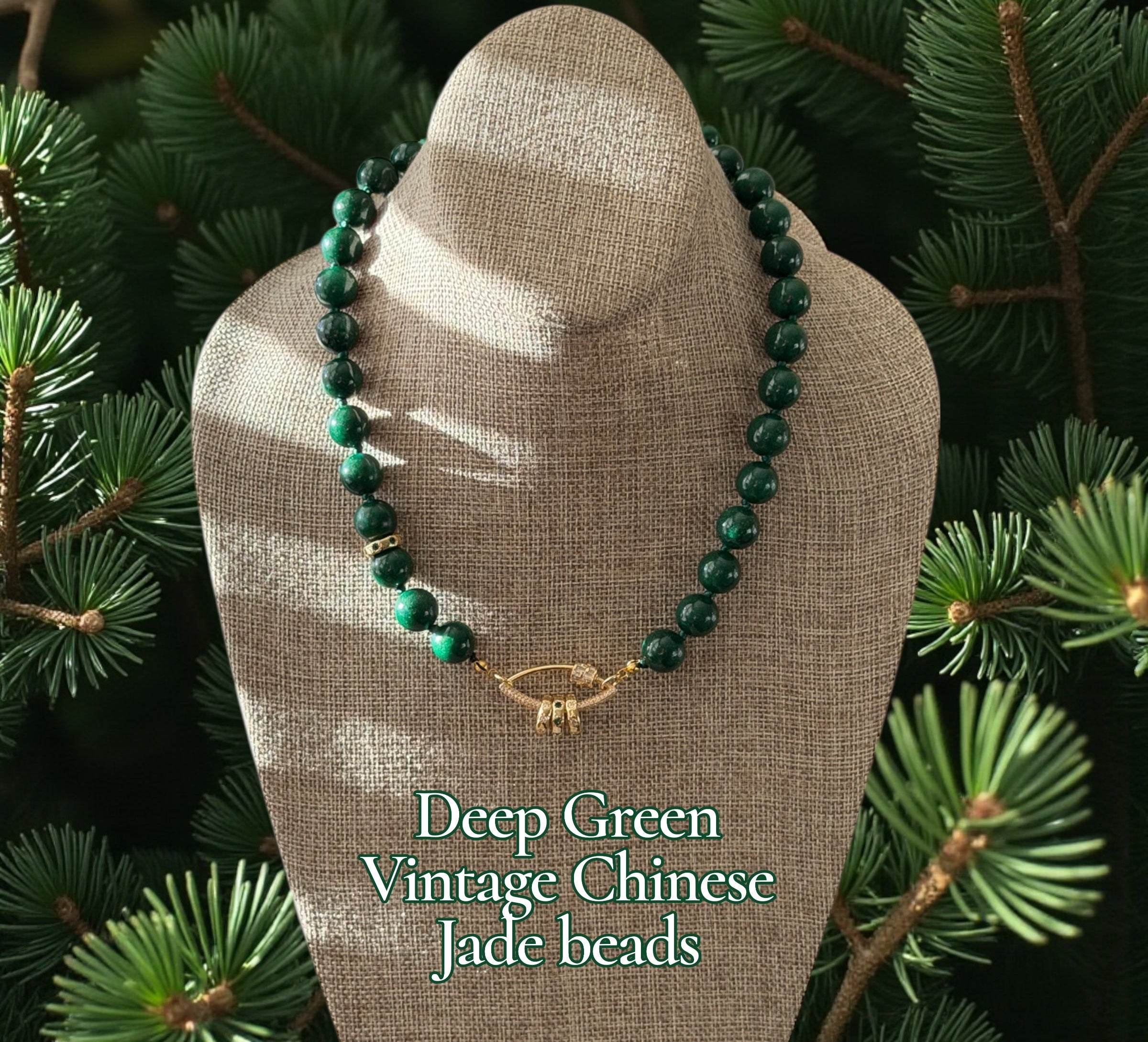 Vintage Vogue Necklace: Vintage Chinese Jade beads hand-knotted on matching satin cord•Gold pavé accents and charms