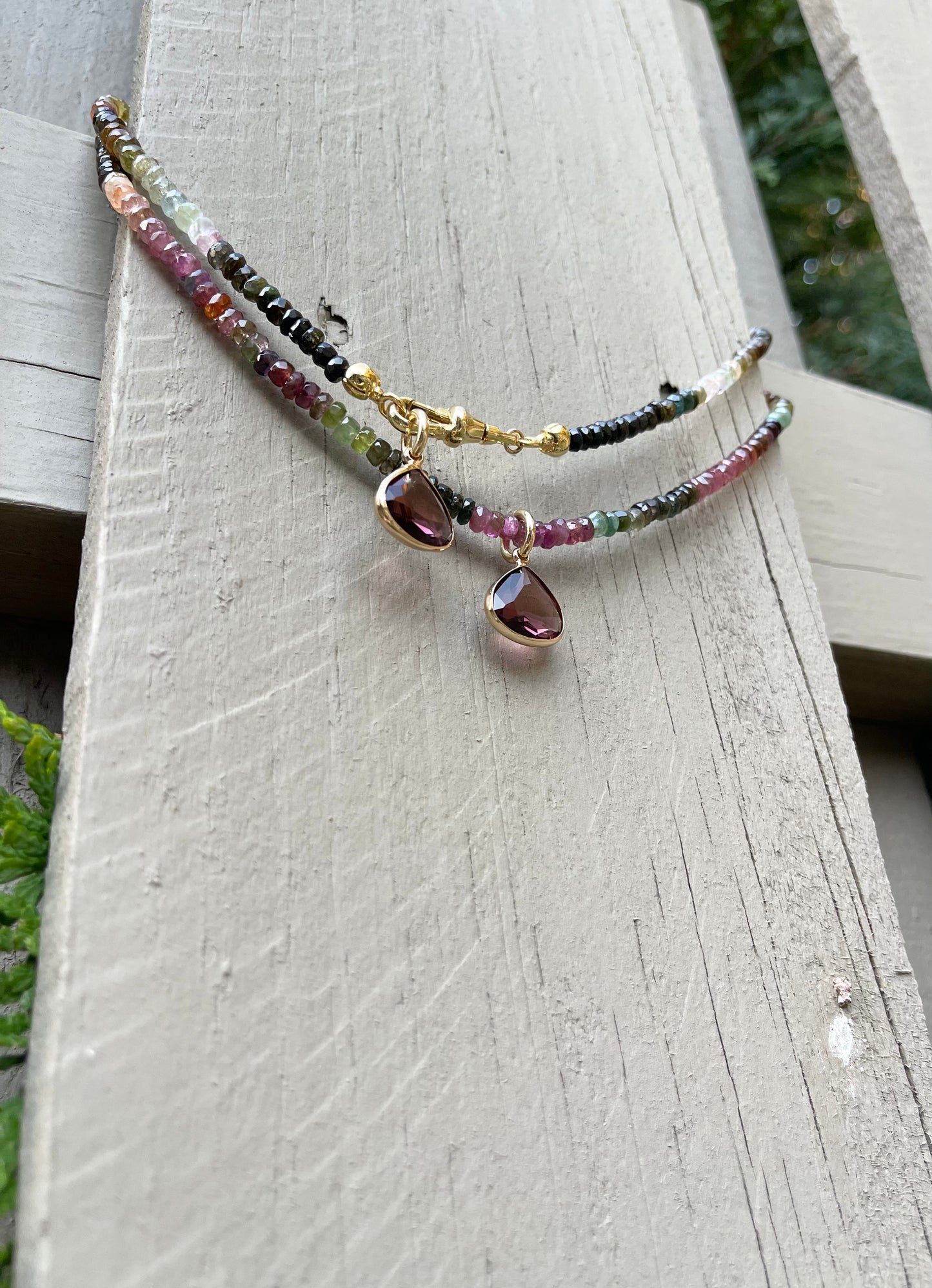 Tourmaline Dream Necklace: Faceted Tourmaline Gemstone beads with a Gold Filled Clasp and a Crystal pendant