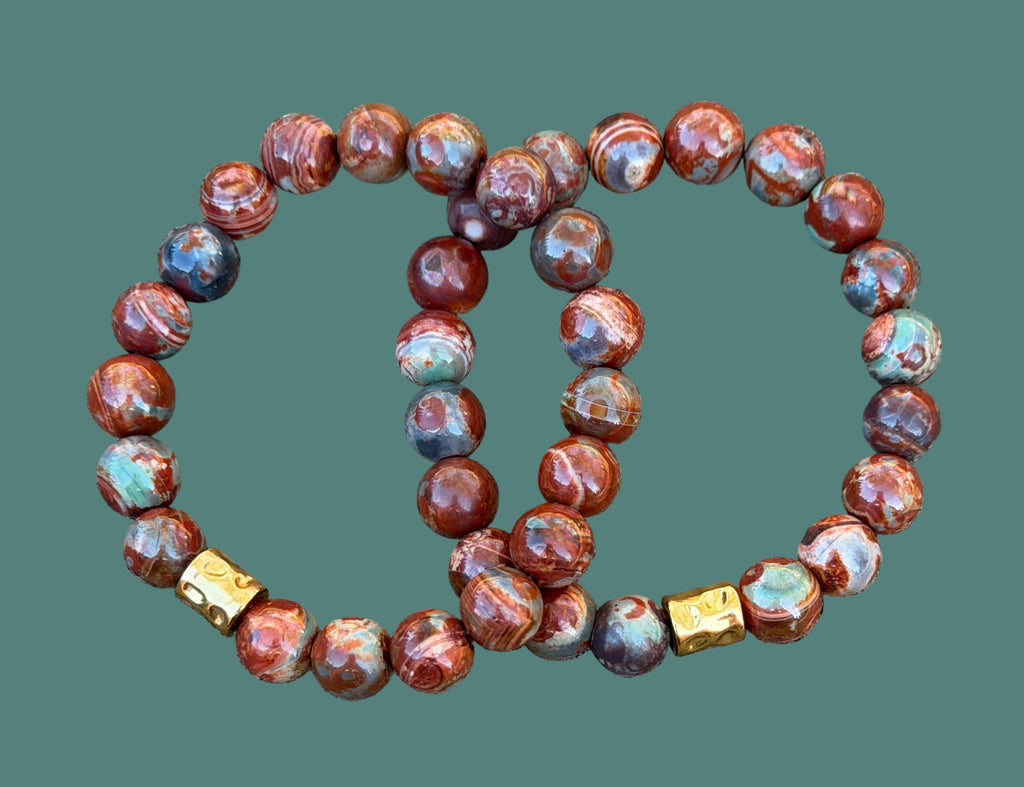 Red Copper & Sage Agate Stretch Bracelet w/ Gold Accent