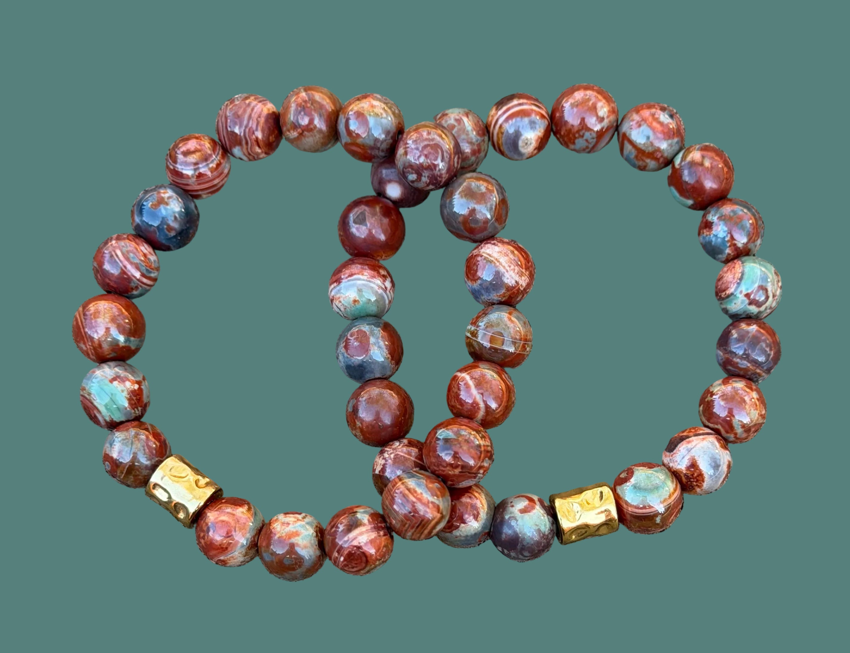 Red Copper & Sage Agate Stretch Bracelet w/ Gold Accent
