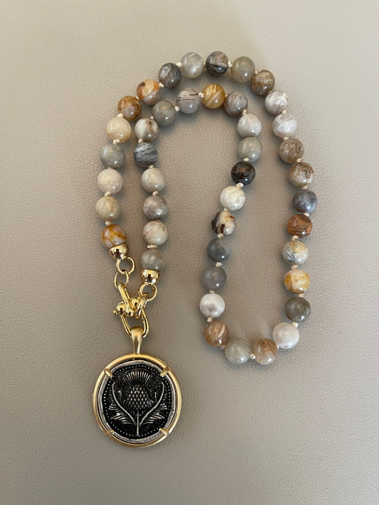 Gold Thistle Necklace: Hand-knitted Bamboo Agate Beads w Gold Filled Trigger Clasps and Thistle Coin Pendant