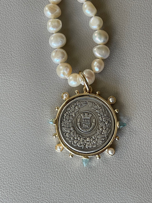 Bonjour Necklace: Hand Knotted Freshwater Pearls w/ a Gold Bean Clasp & French Vintage Coin Pendant All Gold Filled