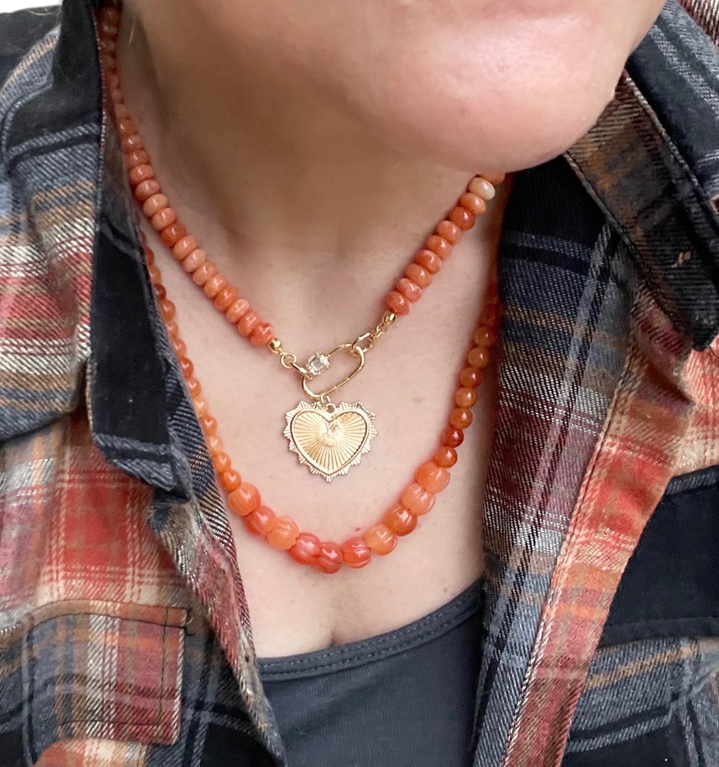 Orange Jade Necklace: Fall Orange Jade Rondelle shaped Beads w a Gold Plated Cubic Zirconia encrusted Clasp and Heart Charm