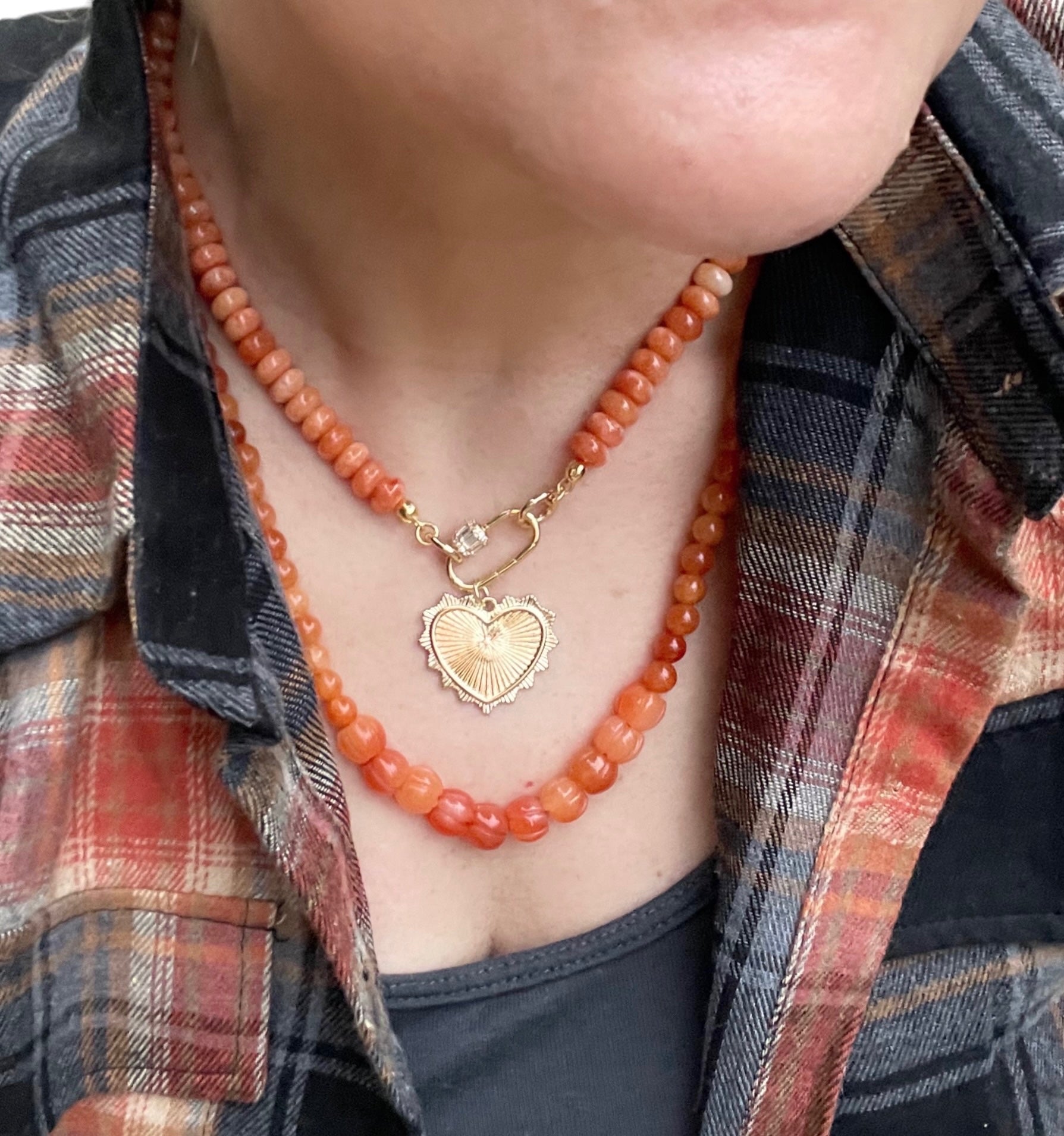 Pumpkin Spice Necklace: Fall Orange Jade Rondelle shaped Beads w a Gold Plated Cubic Zirconia encrusted Clasp and Heart Charm